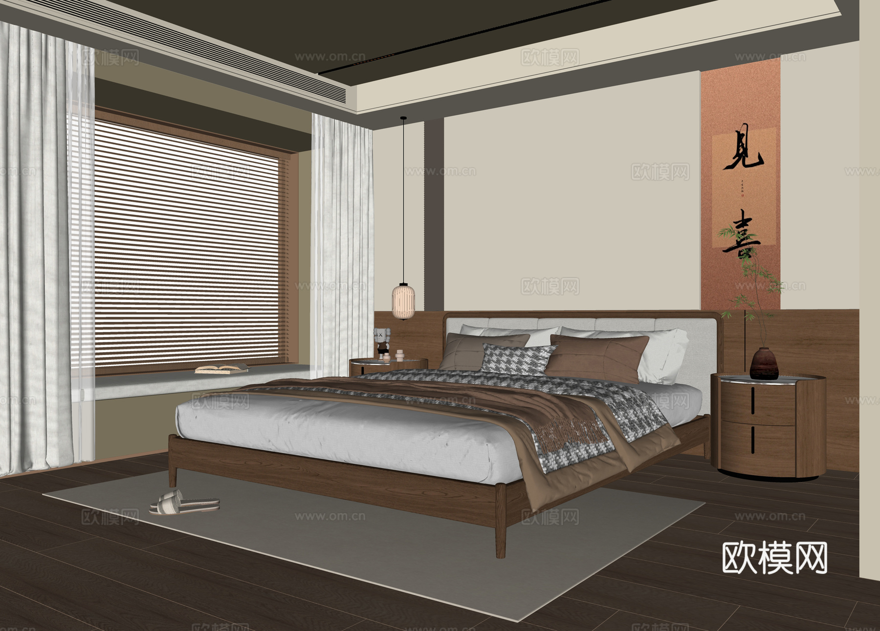 现代卧室 双人床 床头柜su模型