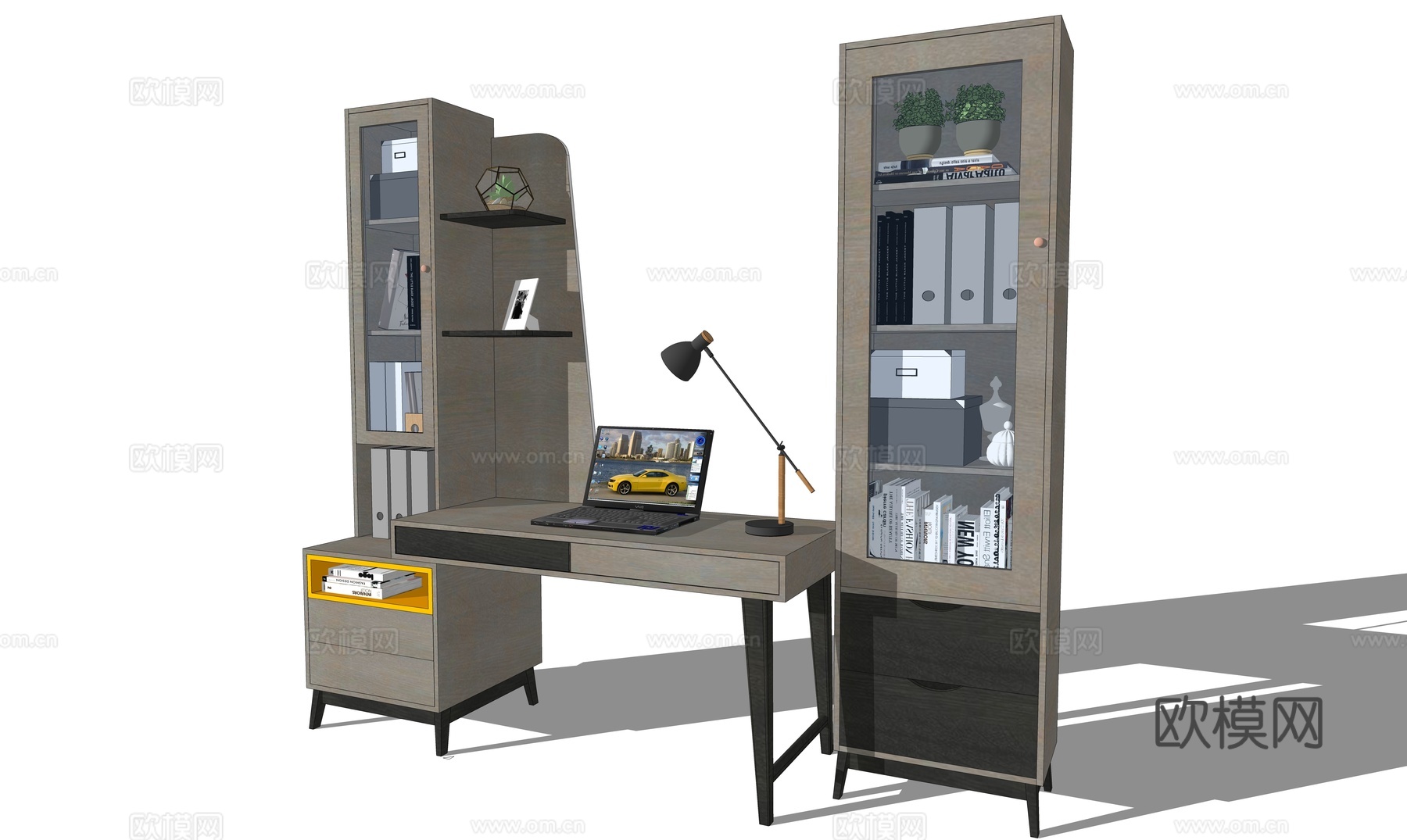 现代书桌 工作桌 书柜 摆件 书房su模型
