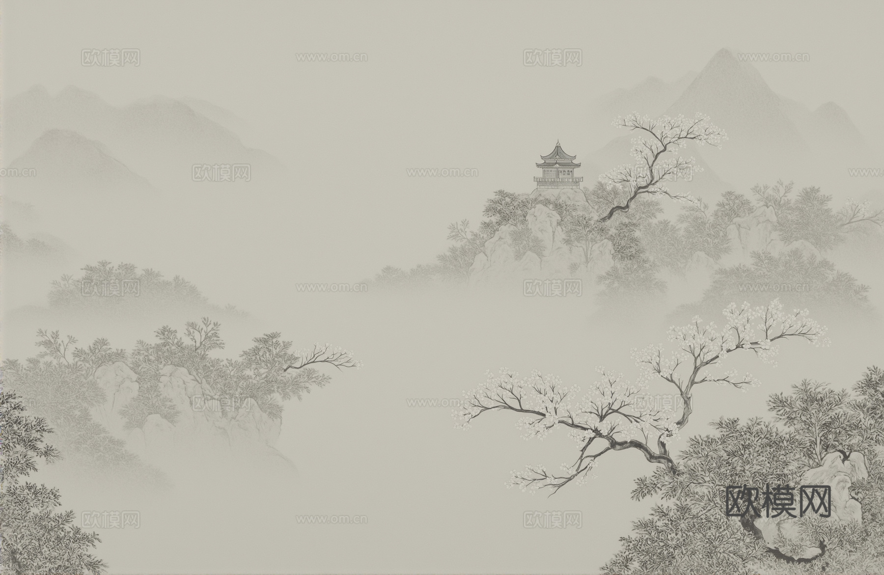 中式山水壁画下载