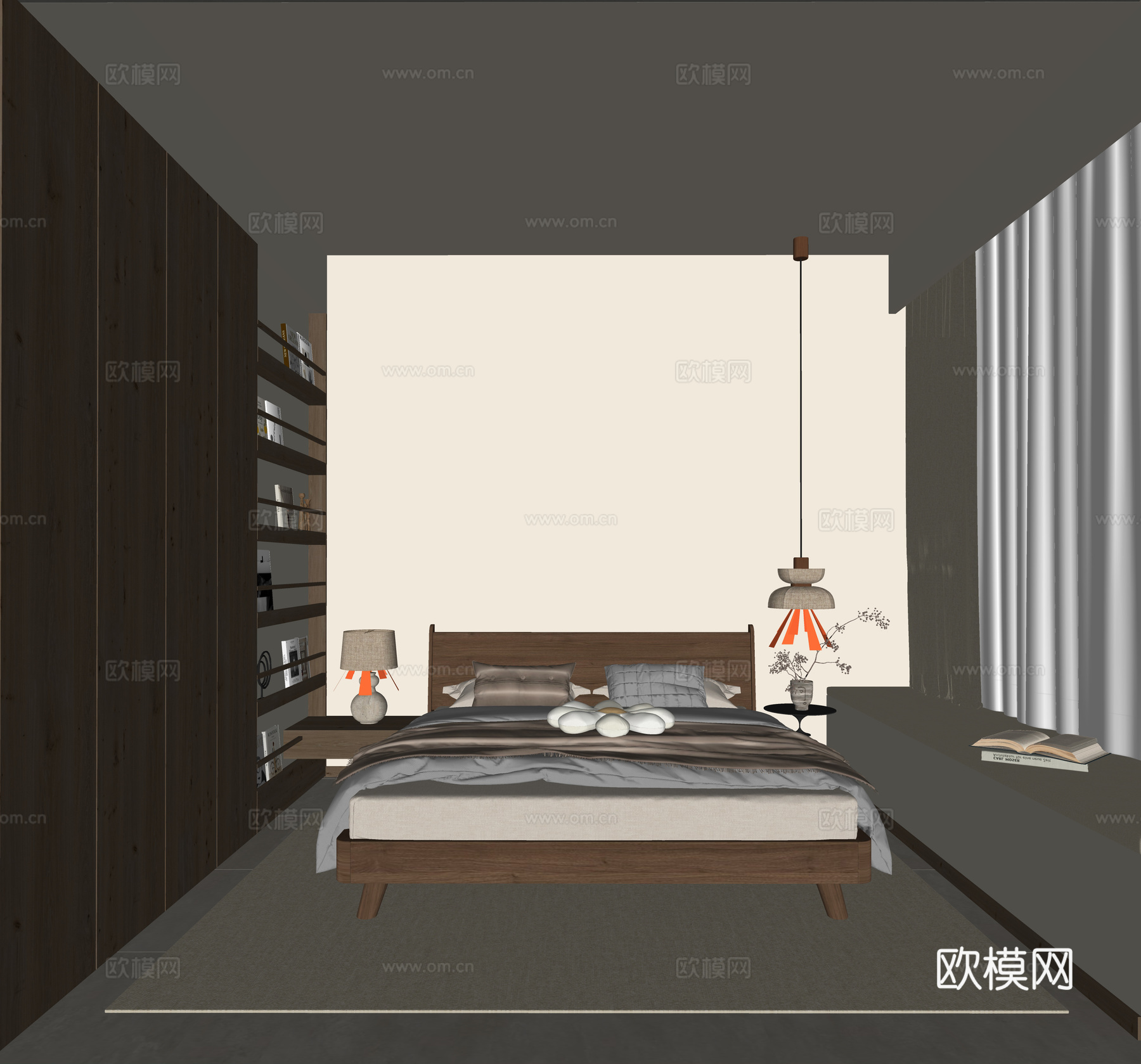 侘寂风卧室 实木双人床 长辈房 老人床 床头边几 床头吊灯su模型