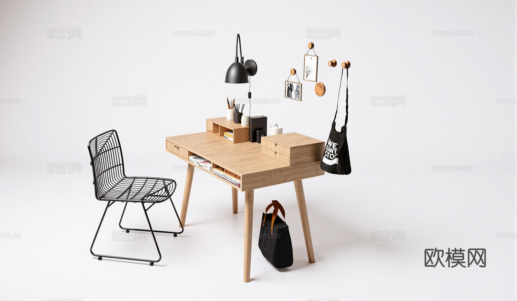 现代书桌椅 工作桌 书柜 摆件 书房su模型