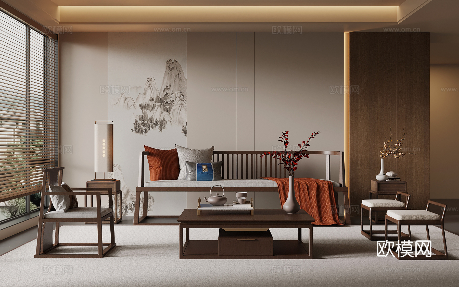 新中式客厅 多人沙发 单人椅 茶几su模型