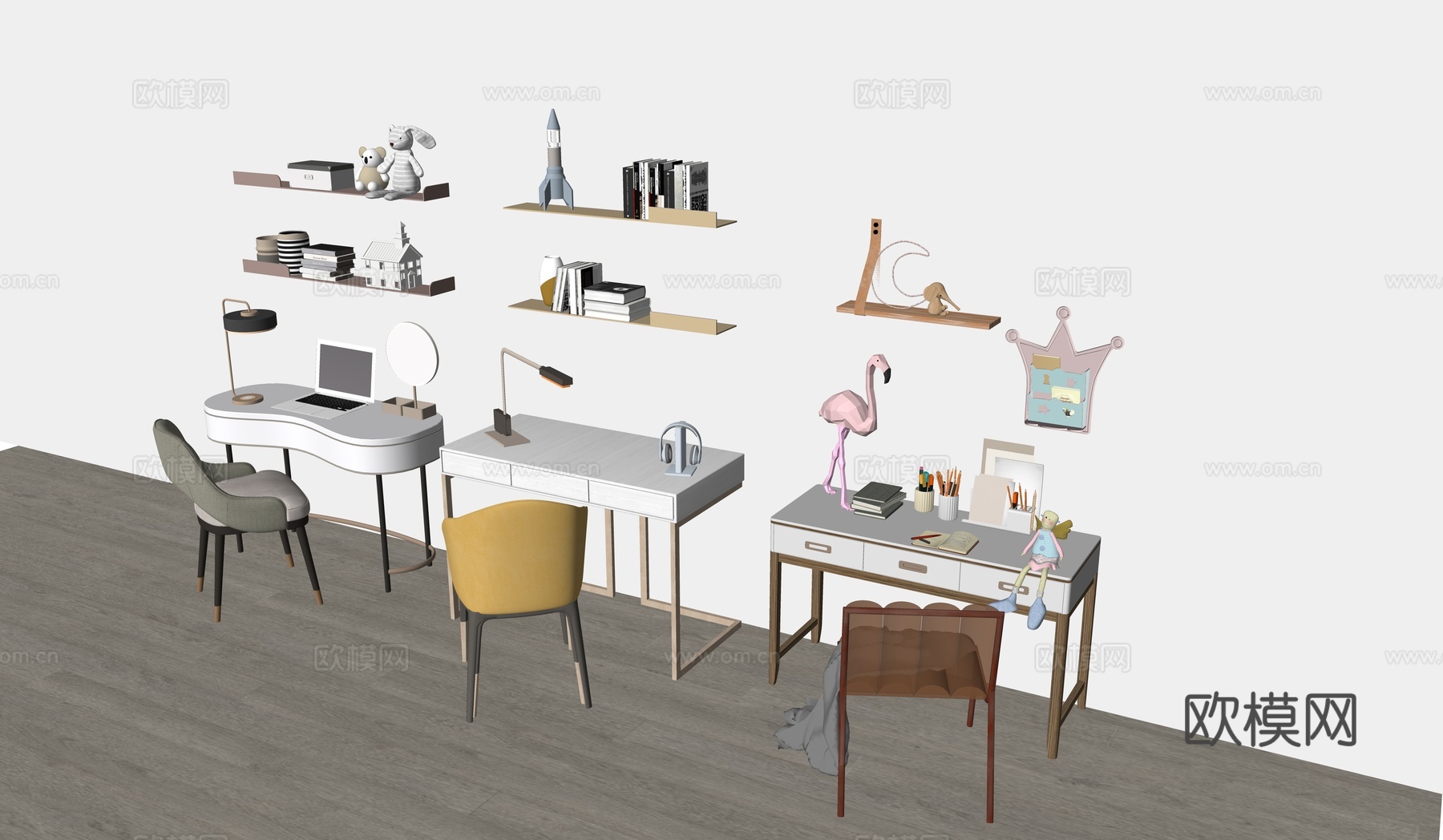 现代书桌椅 工作桌 书柜 摆件 书房su模型
