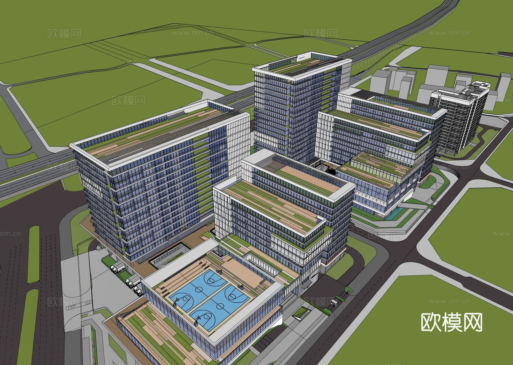 现代产业园建筑  空中绿化 产业园区su模型