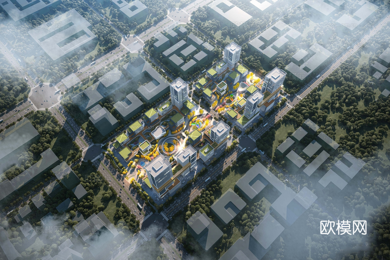 现代产业园建筑  空中绿化 制造产业园建筑 鸟瞰图su模型