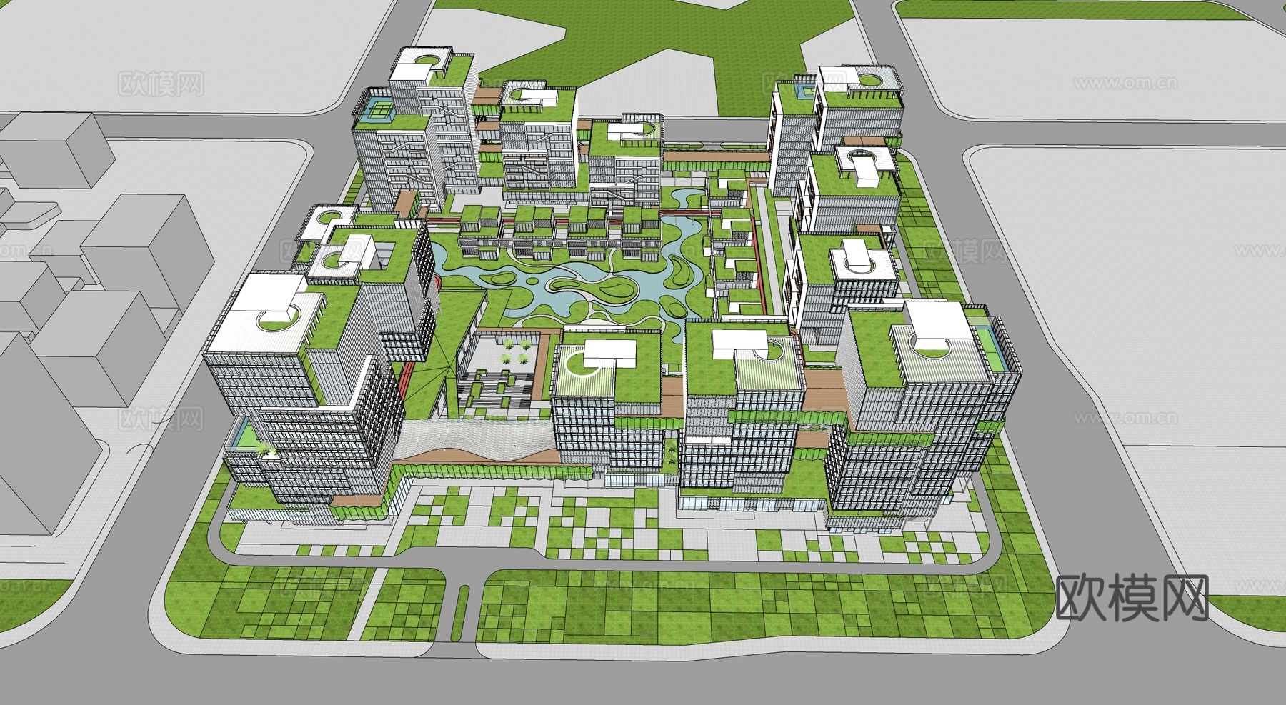 现代产业园 方形 空中绿化su模型