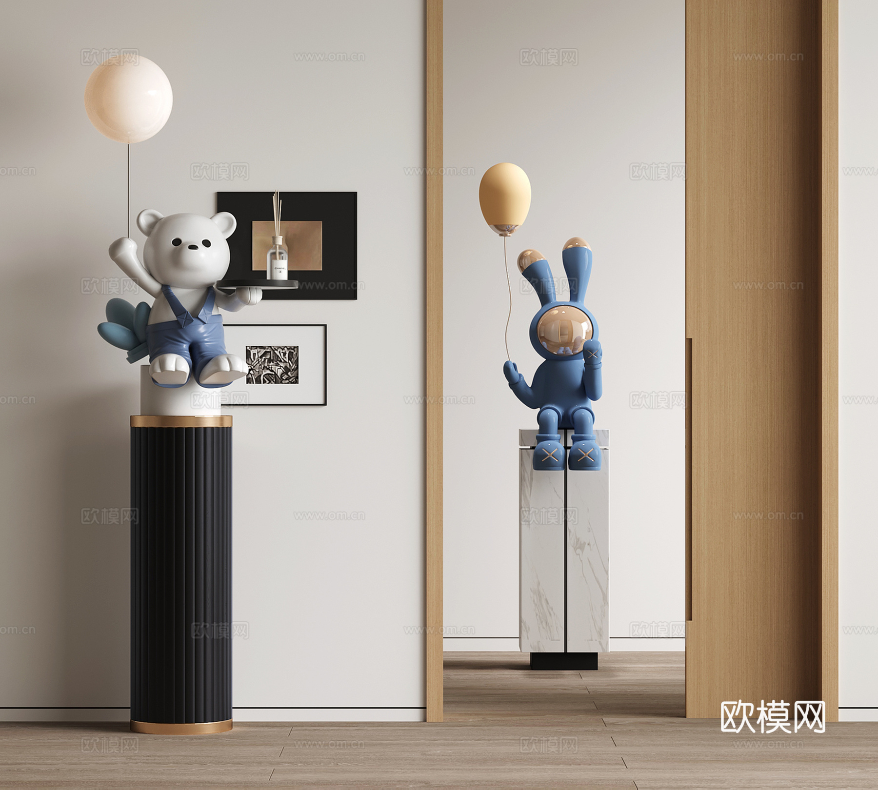 现代卡通雕塑 卡通熊灯 太空兔雕塑su模型