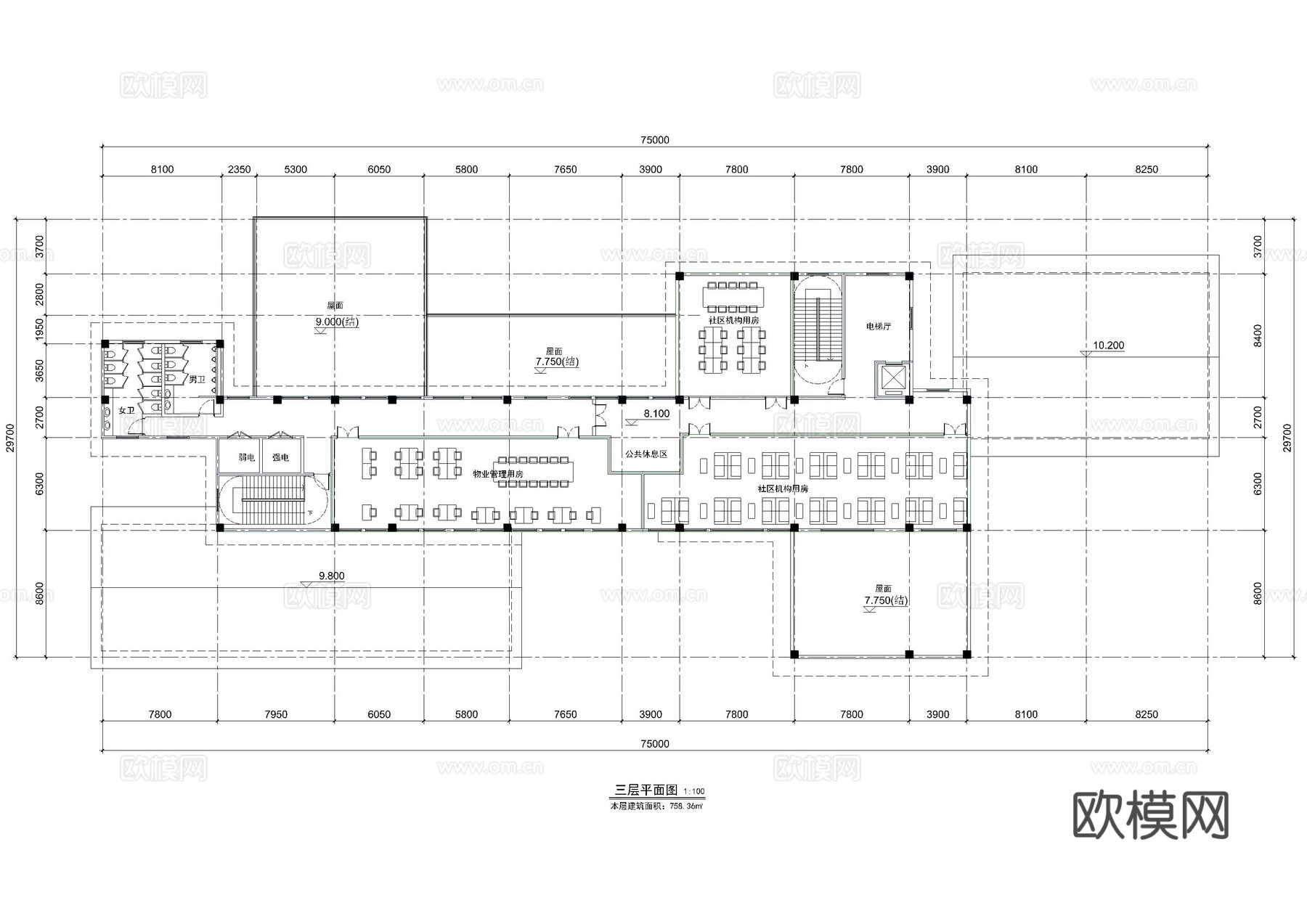 大型社区服务中心平面图cad施工图