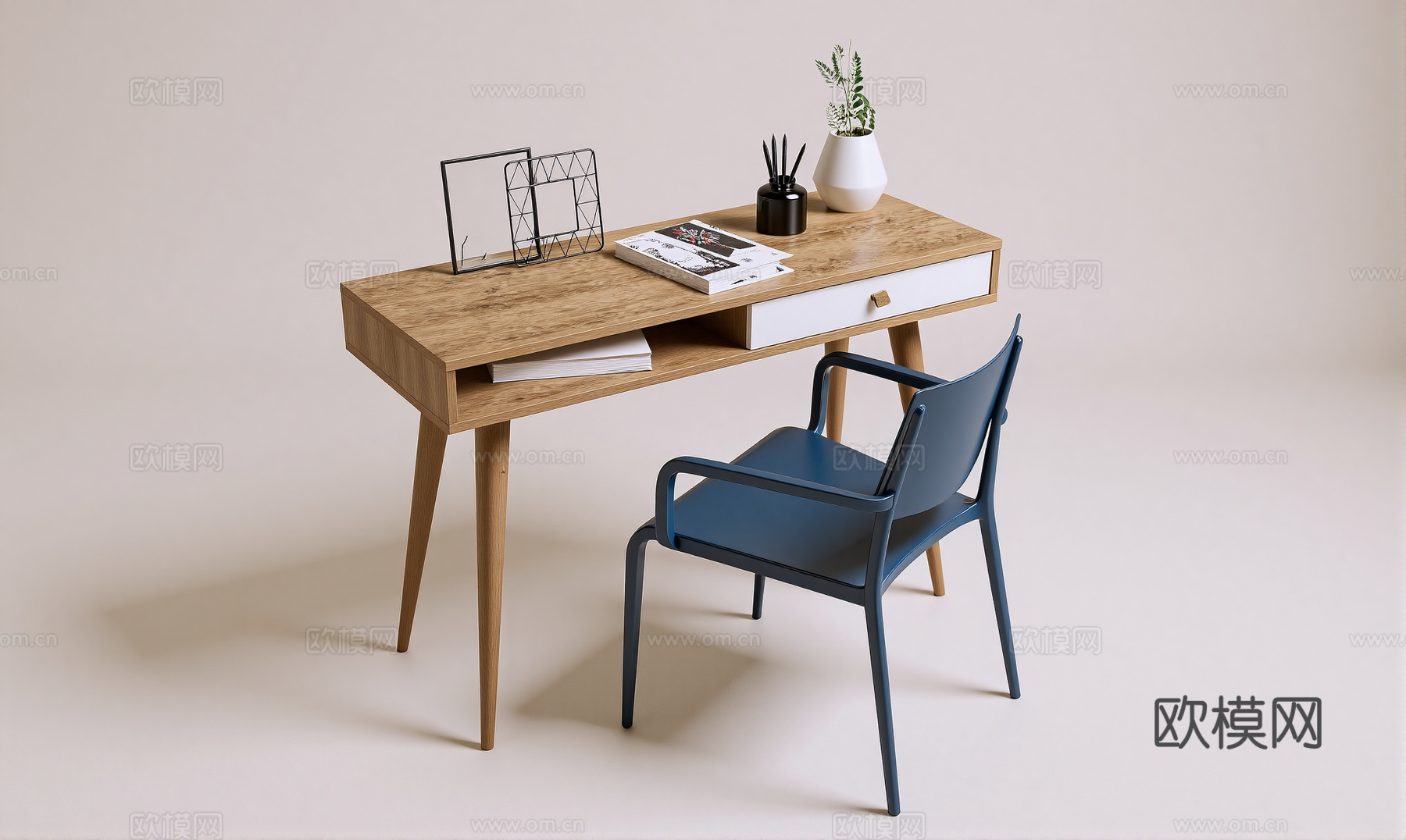 现代书桌椅 工作桌 书柜 摆件 书房su模型
