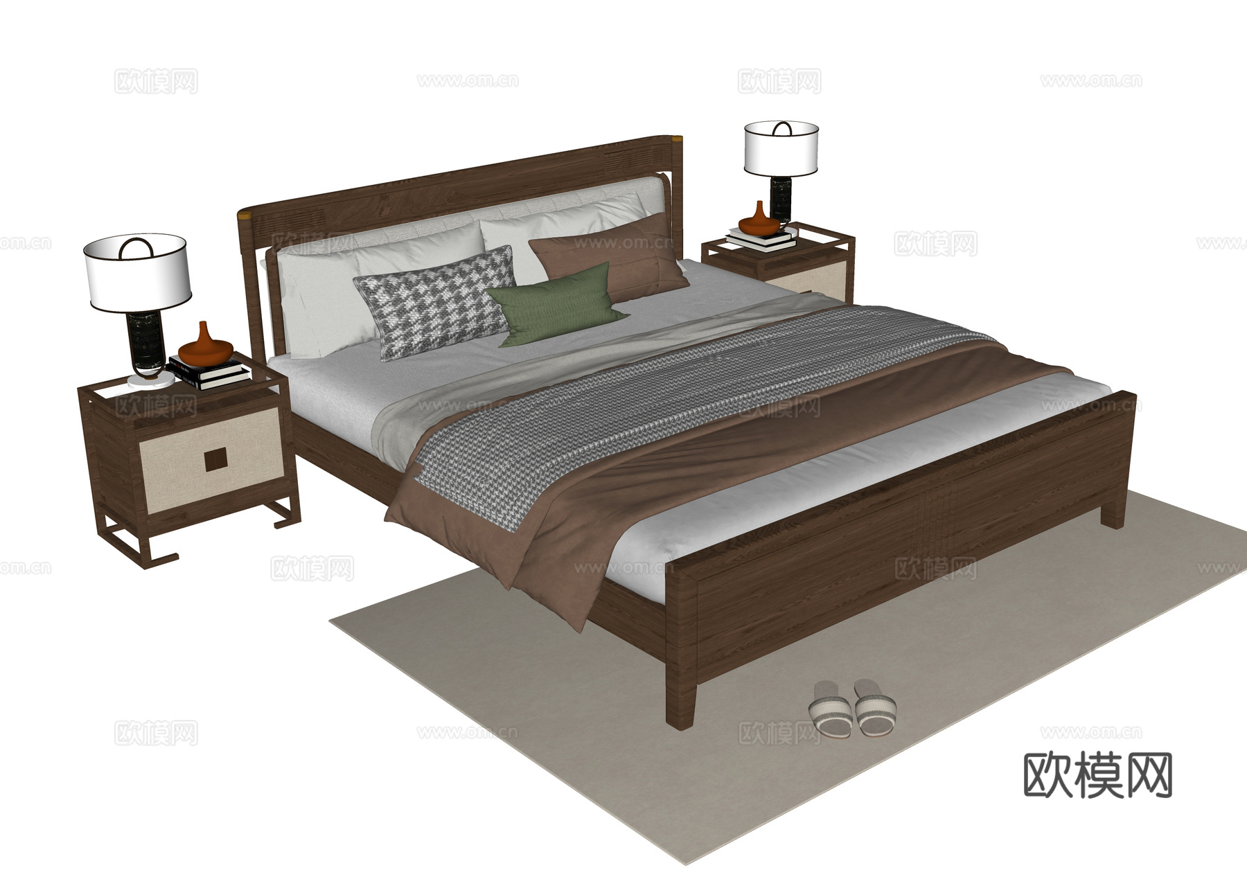 现代双人床 床头柜su模型
