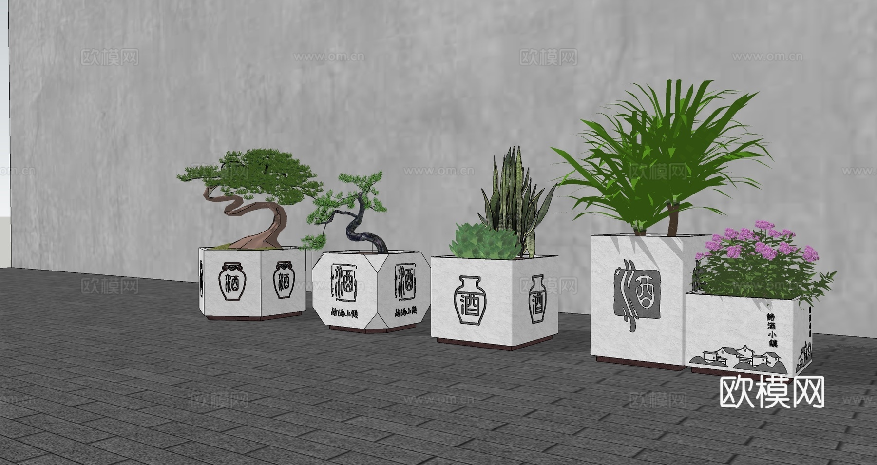 中式现代景观花箱新中式诗酒文化花草花箱石质外摆植物花箱su模型