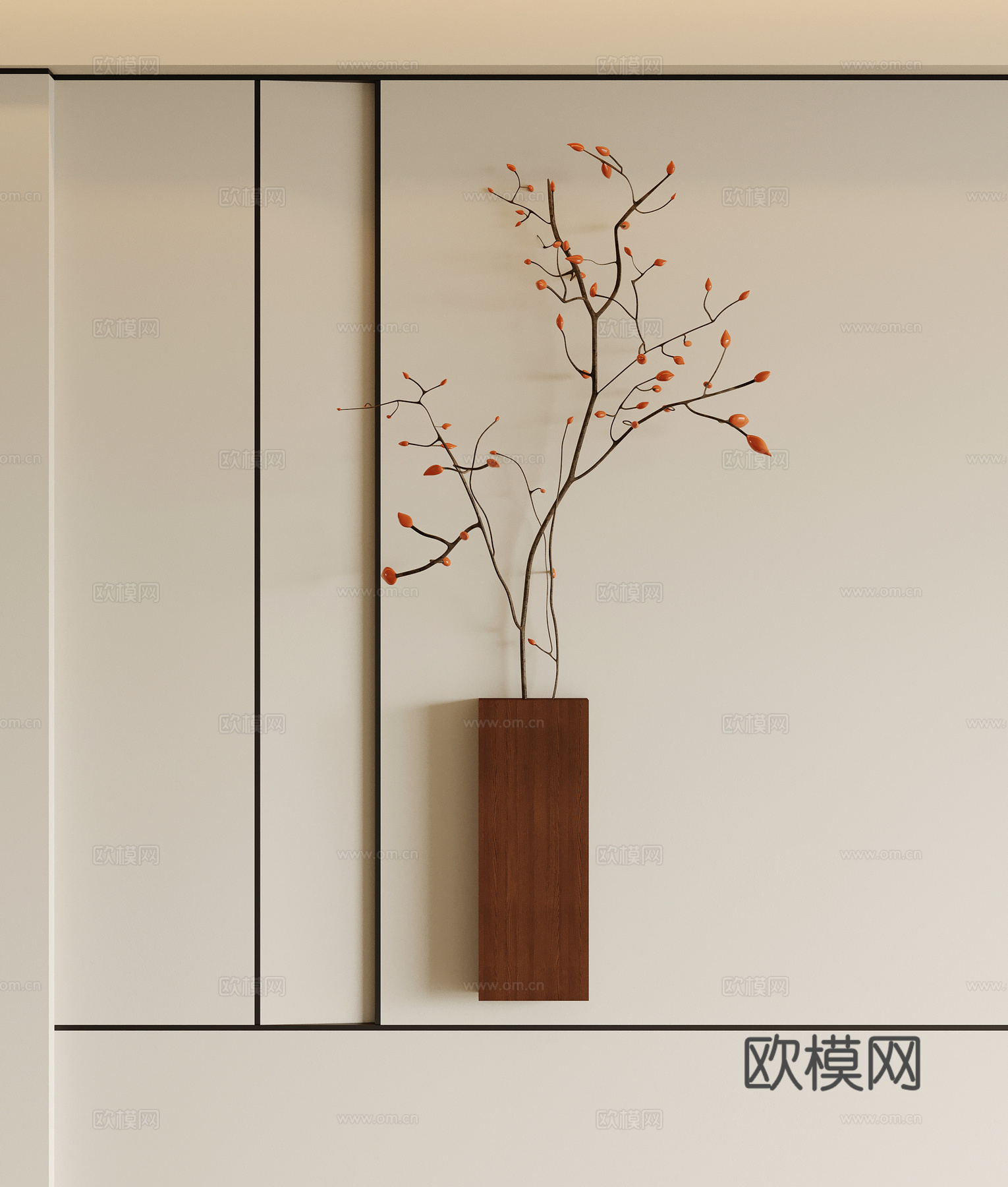 新中式墙饰 花艺 干枝 中古墙饰su模型