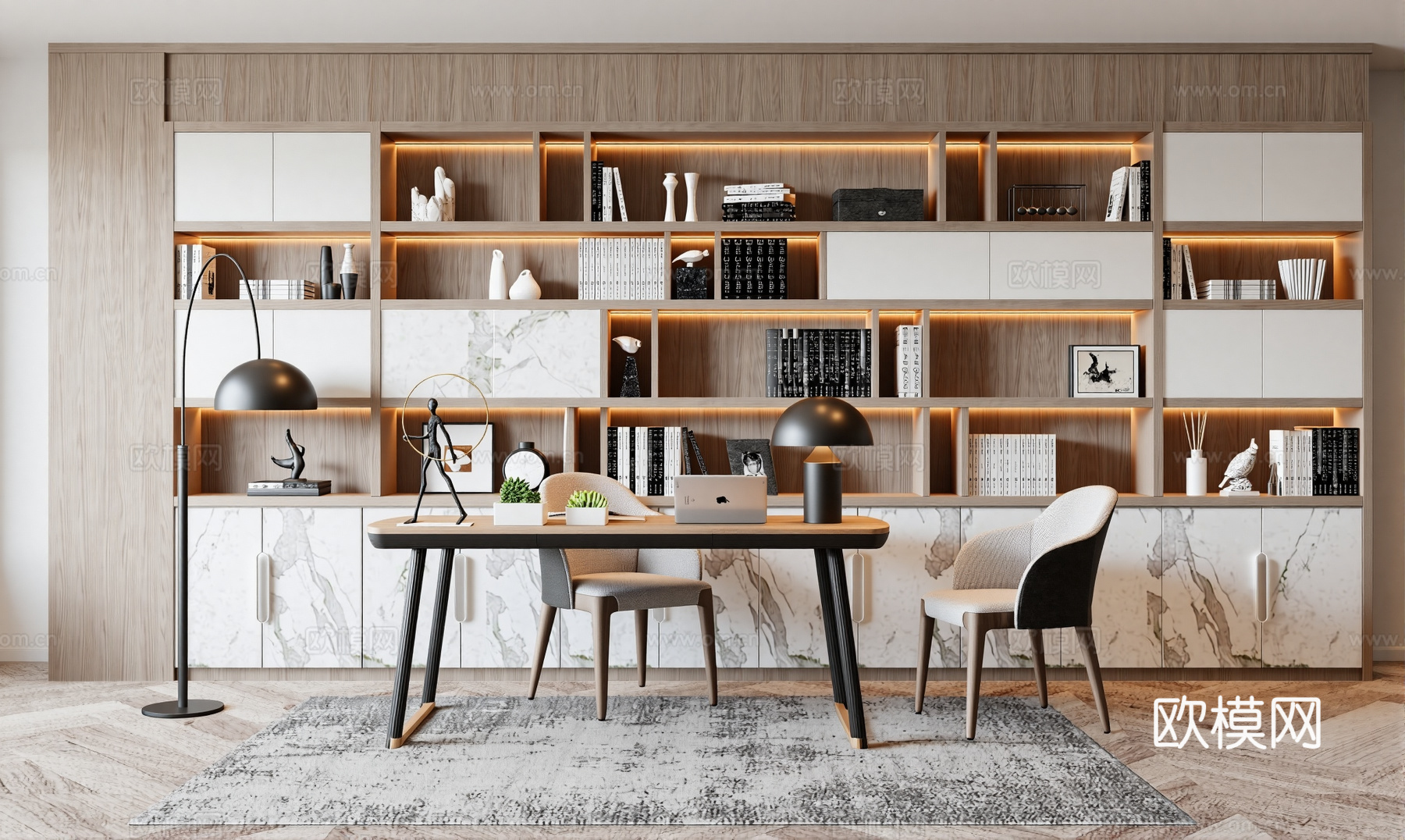 现代书桌 工作桌 书柜 摆件 书房su模型