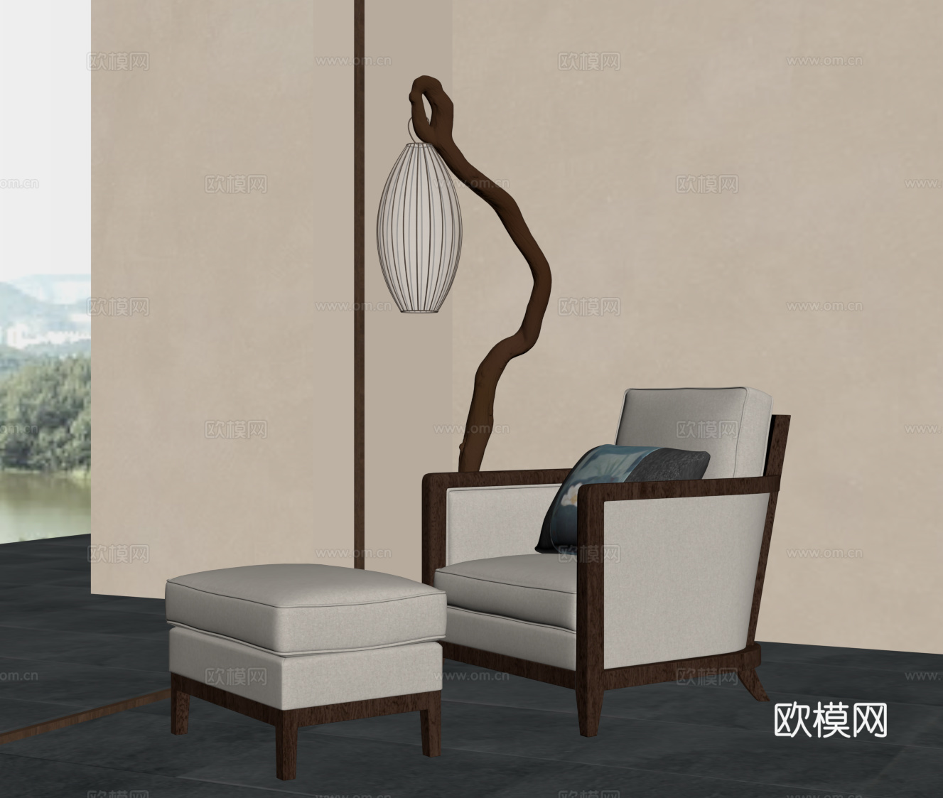 新中式休闲椅 落地灯 躺椅su模型