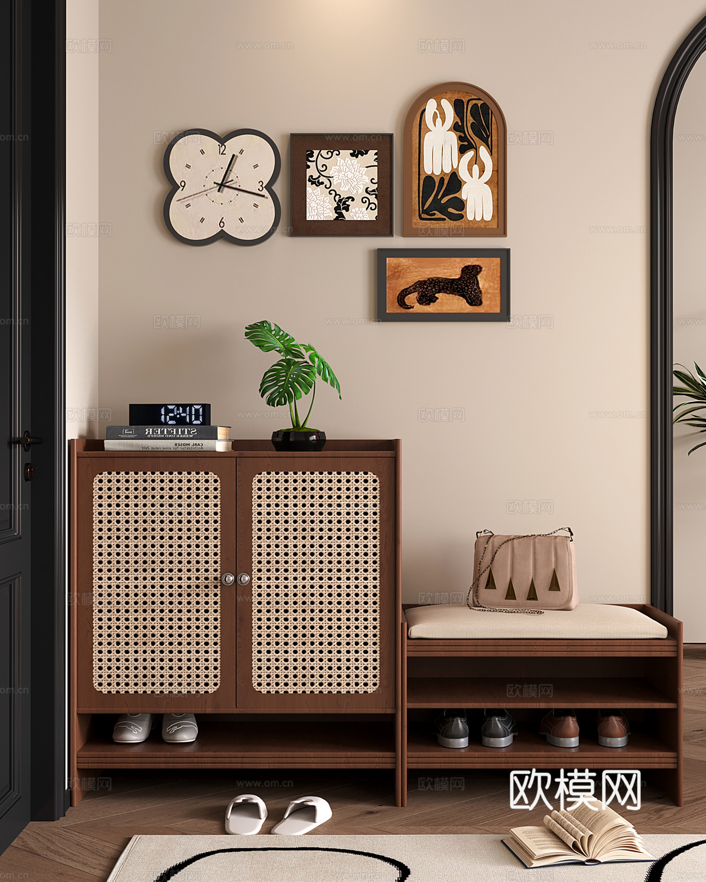 侘寂中古矮鞋柜 藤编鞋柜 换鞋凳su模型