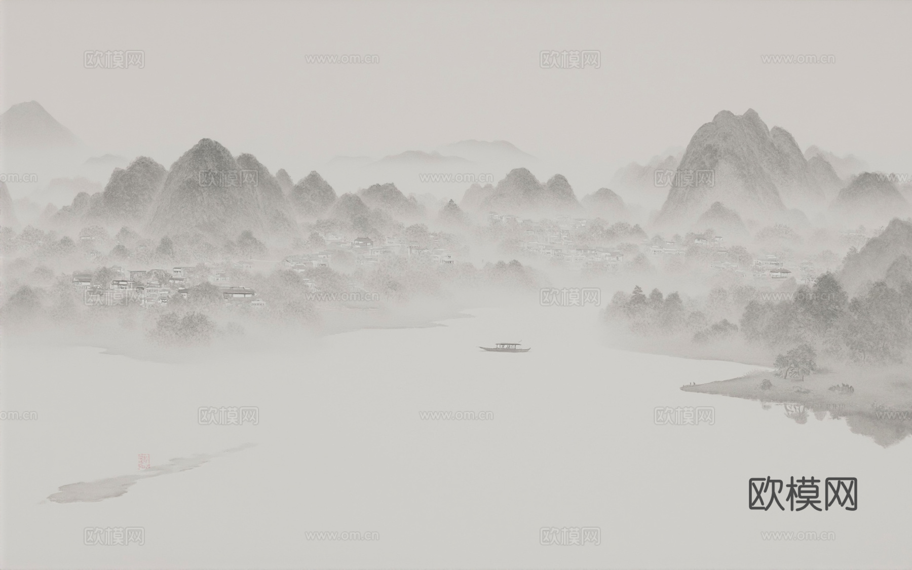 中式山水壁画下载