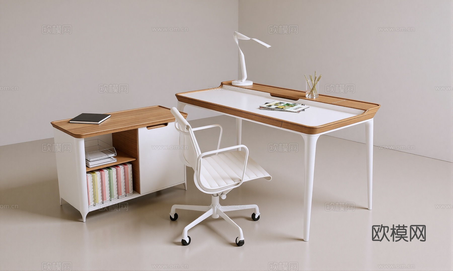 现代书桌椅 工作桌 书柜 摆件 书房su模型