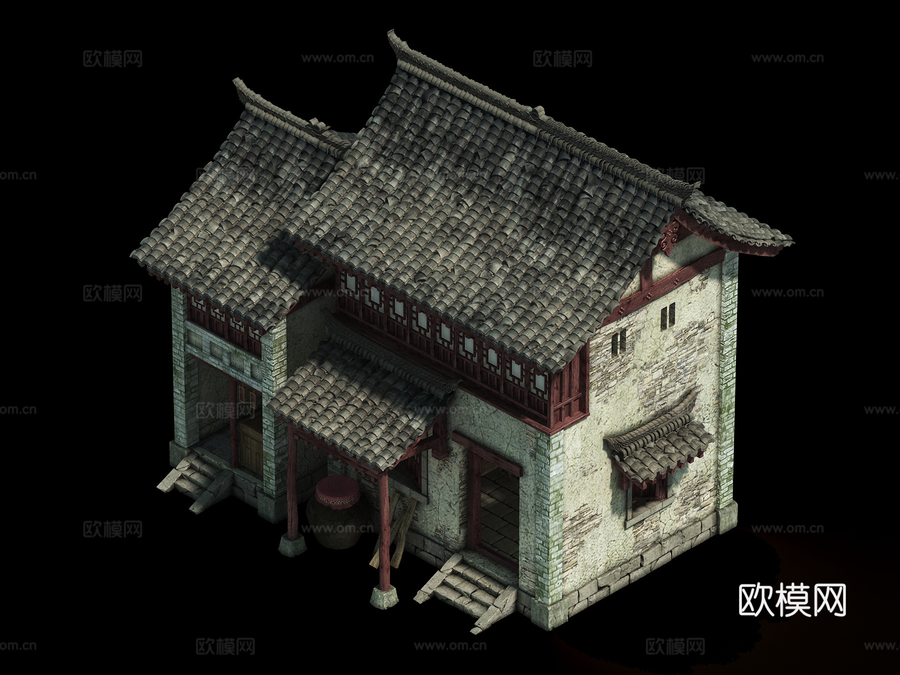 中式古建 房子 中式建筑 民宅 屋檐 旧墙 破墙 阁楼 酒坛3d模型下载