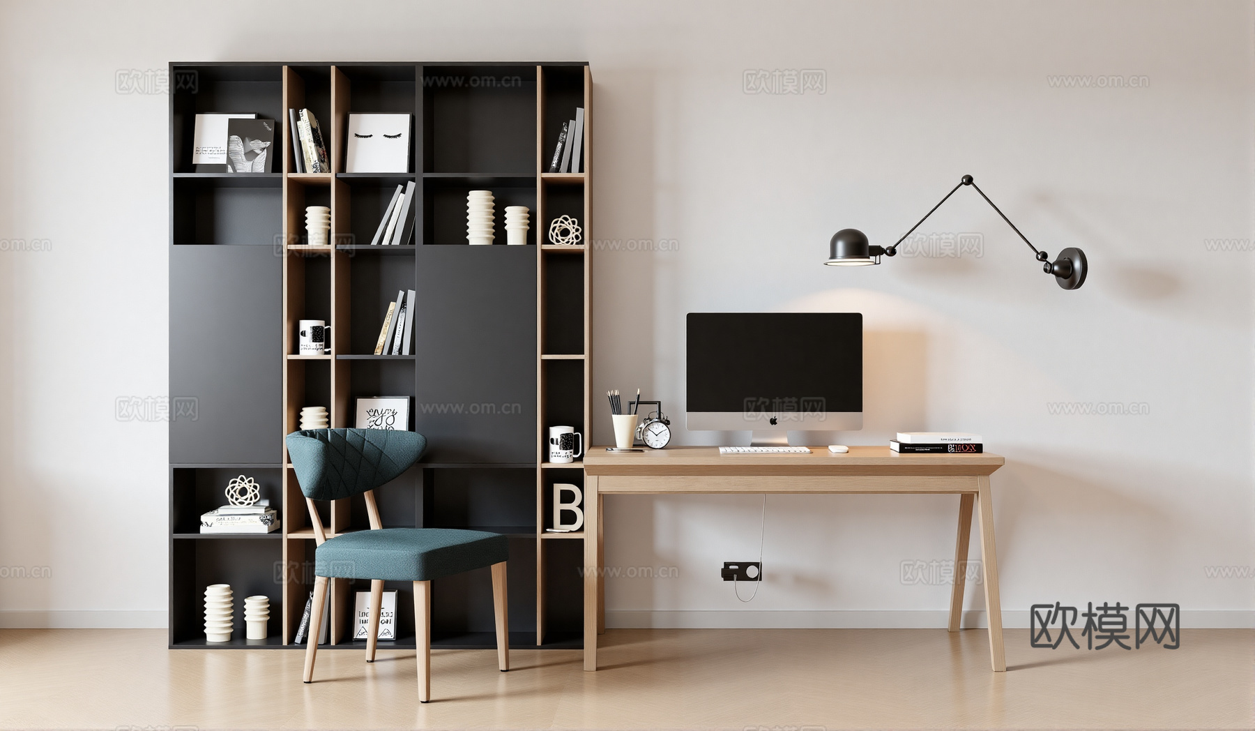 现代书桌椅 工作桌 书柜 摆件 书房su模型