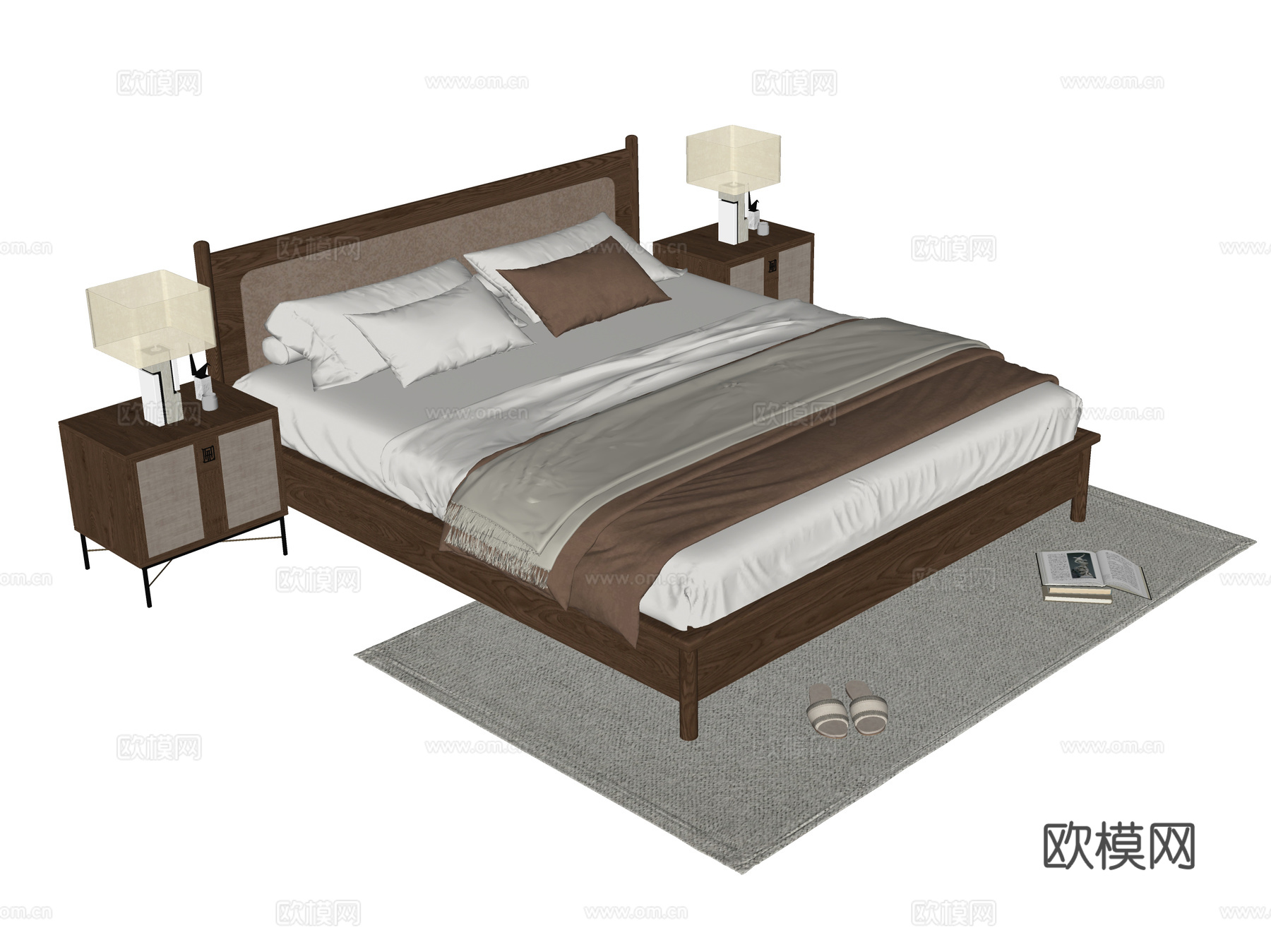 现代双人床 床头柜su模型