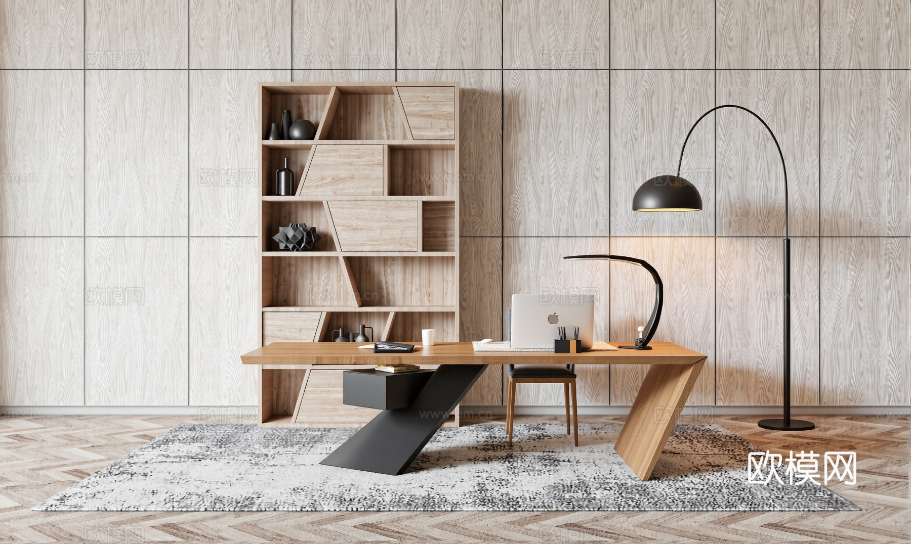 现代书桌 工作桌 书柜 摆件 书房su模型