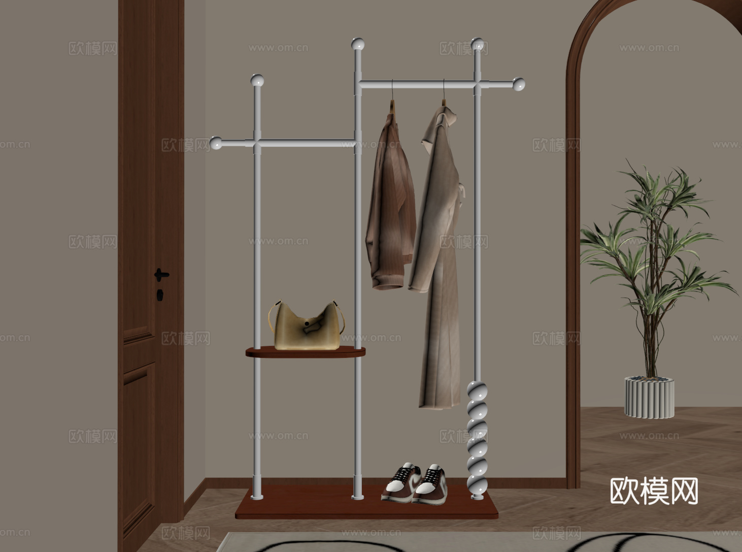现代中古衣架 挂衣架 金属衣帽架 落地衣架su模型