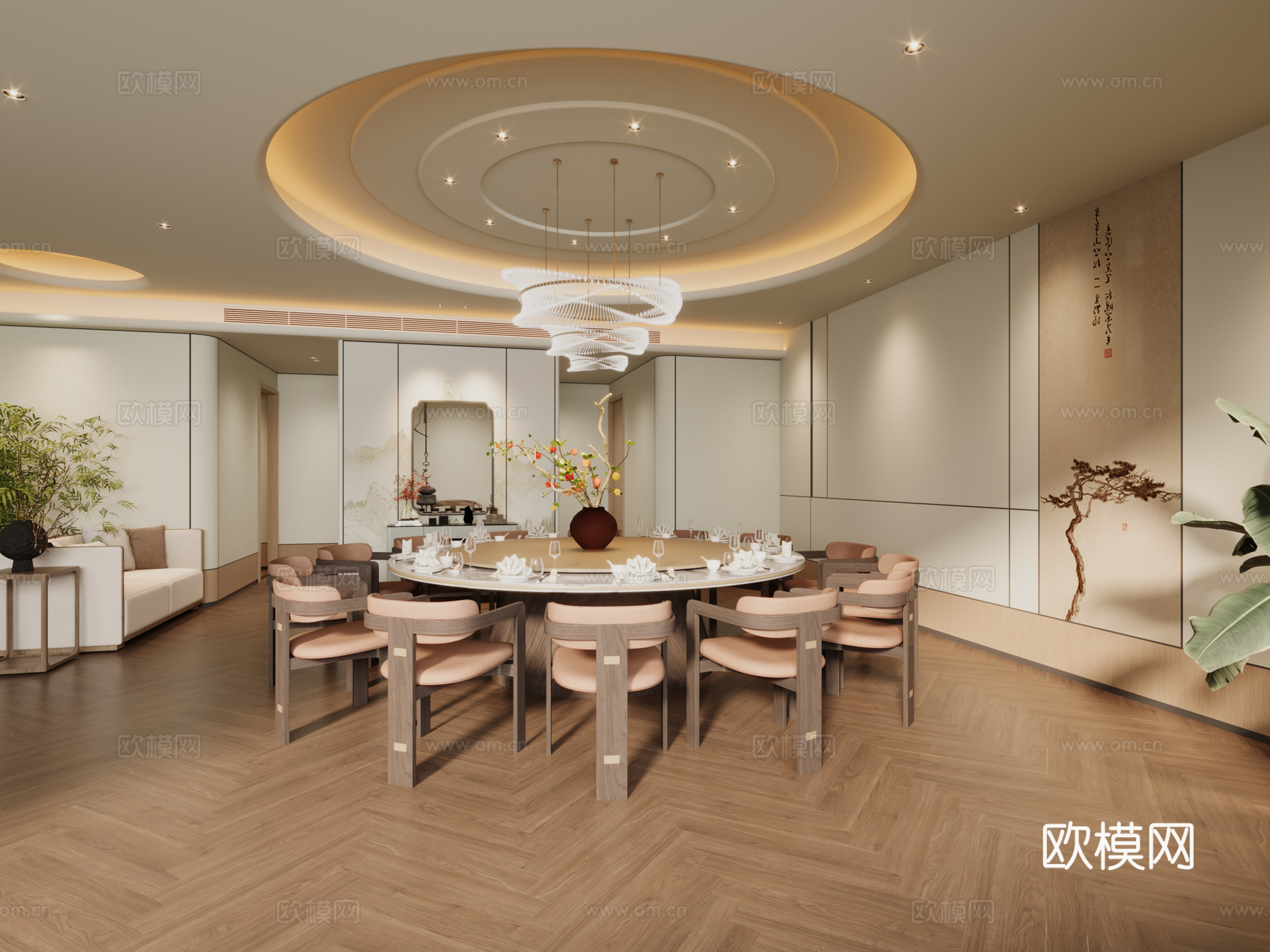 新中式宋式美学奶油风食堂包间餐饮包间小包厢3d模型下载