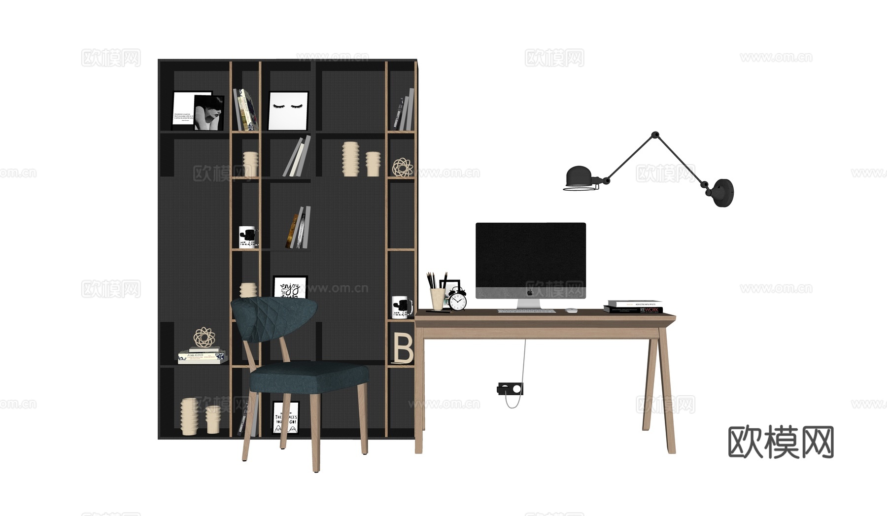 现代书桌椅 工作桌 书柜 摆件 书房su模型
