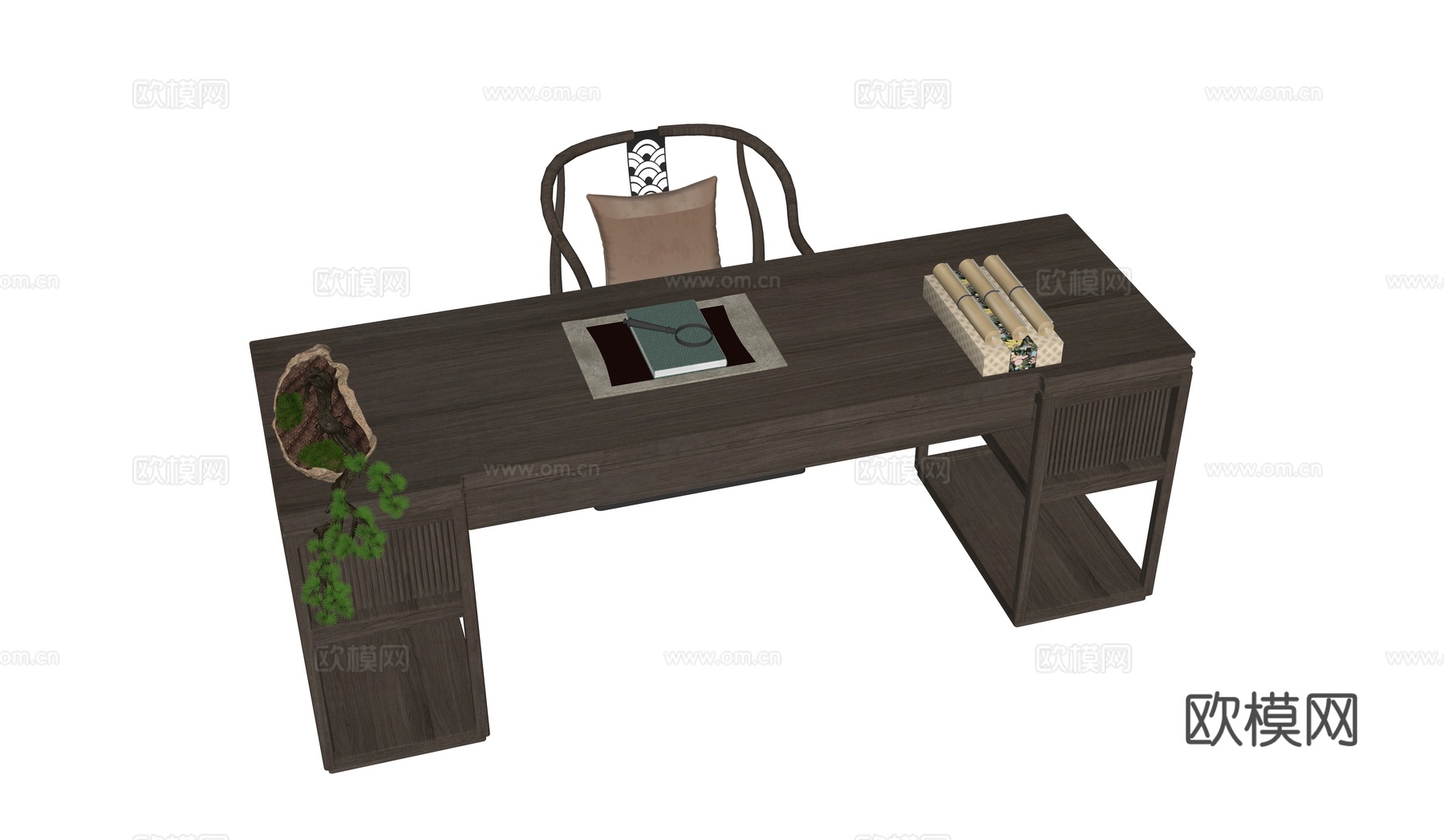 新中式书桌椅su模型