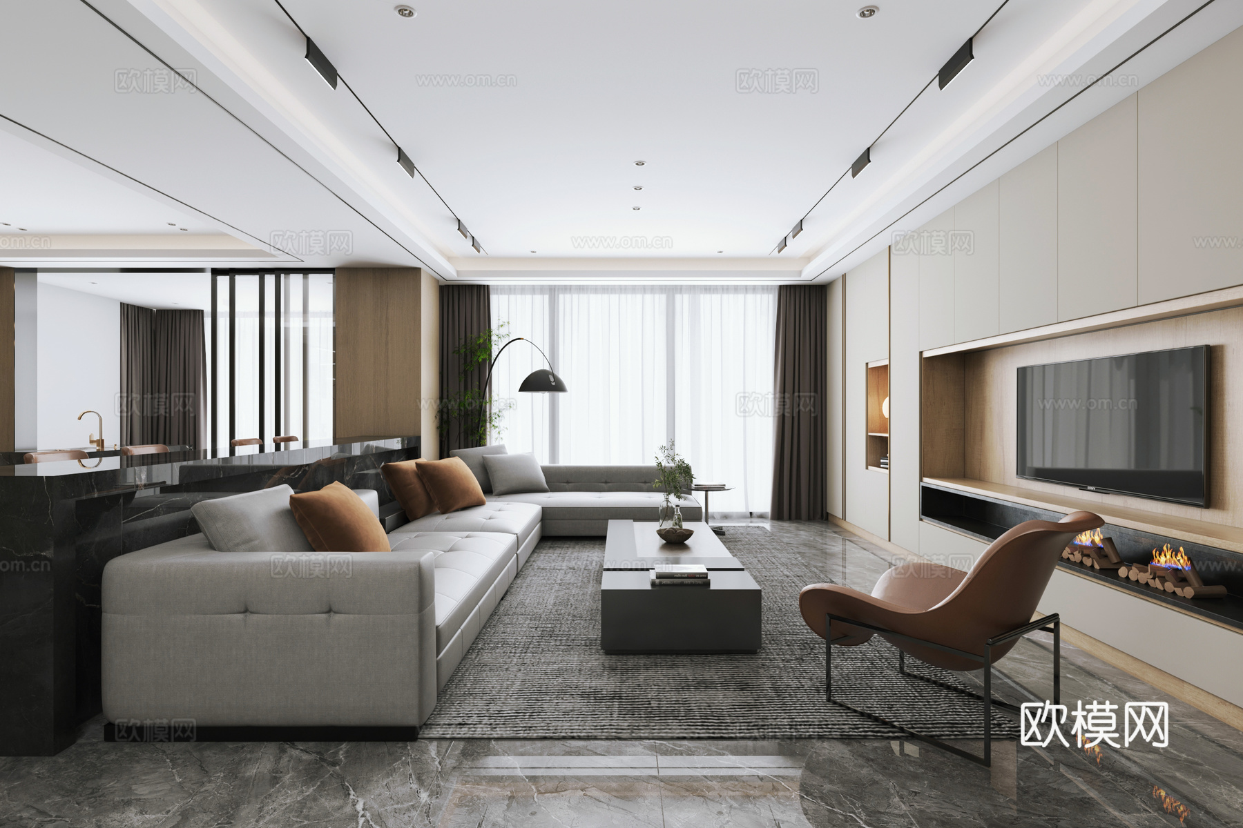 意式客餐厅厨房玄关3d模型下载（渲染图1）