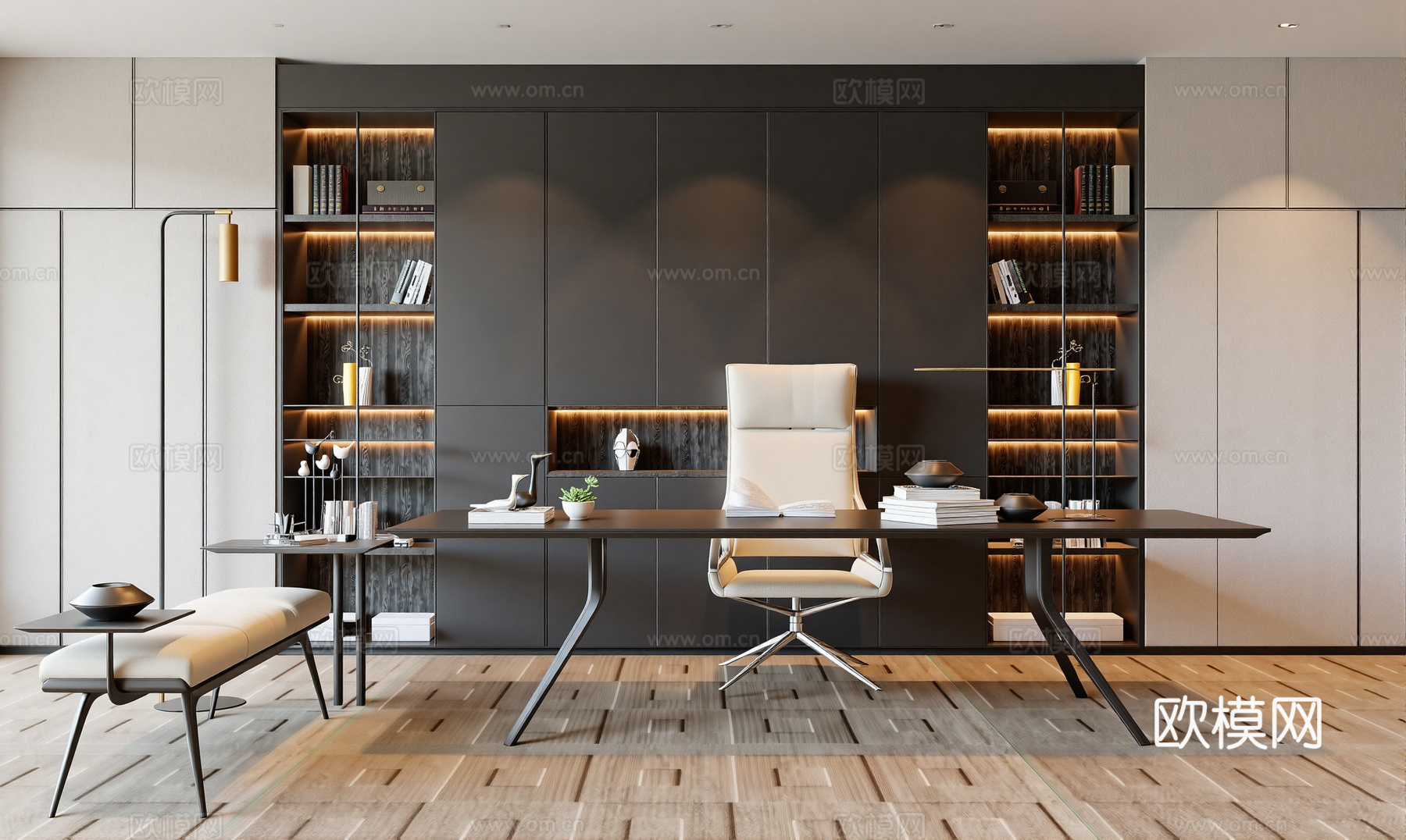 现代书桌椅 工作桌 书柜 摆件 书房su模型
