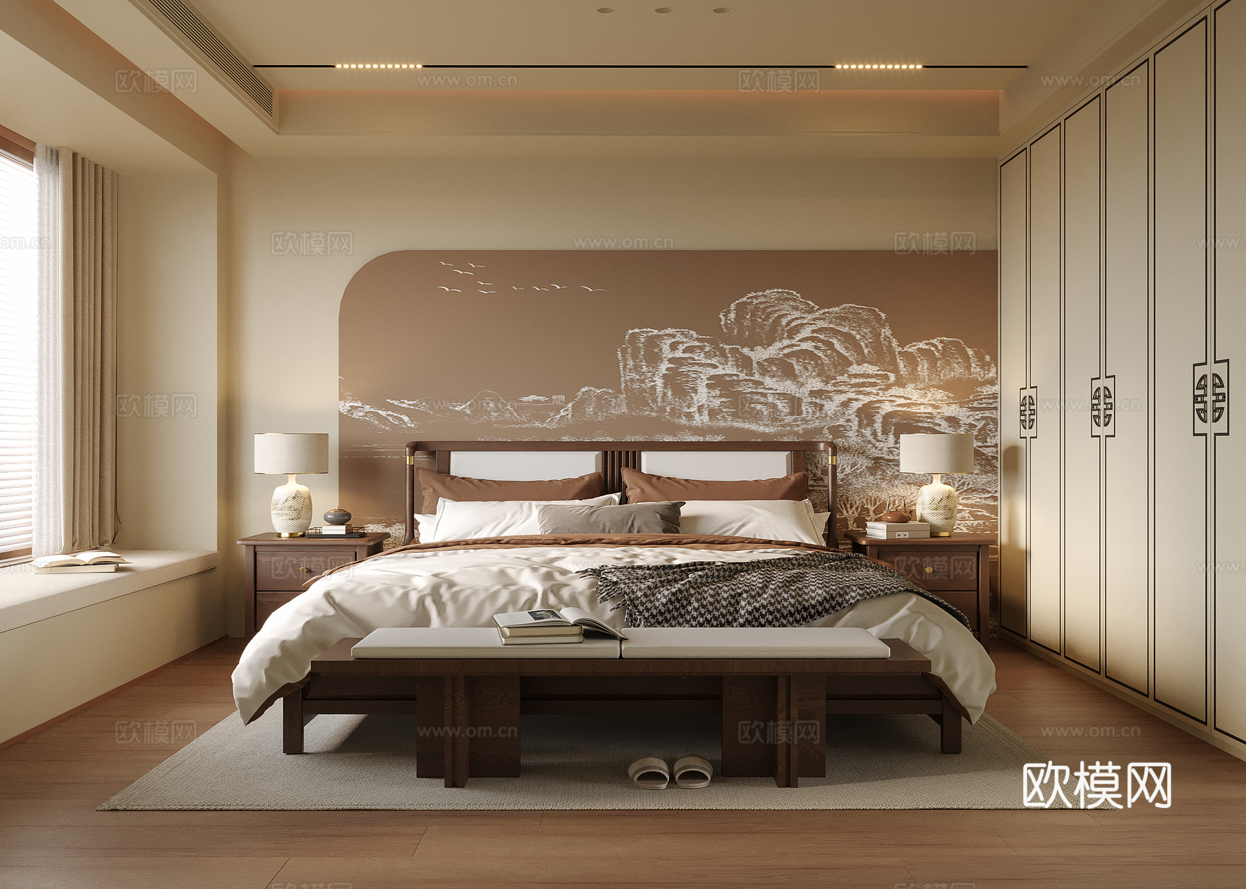 新中式卧室 双人床su模型