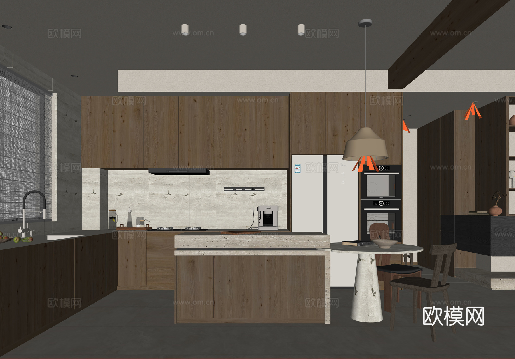 侘寂风厨房 L型橱柜 油烟机 蒸烤箱 厨房用品 冰箱 中岛台su模型