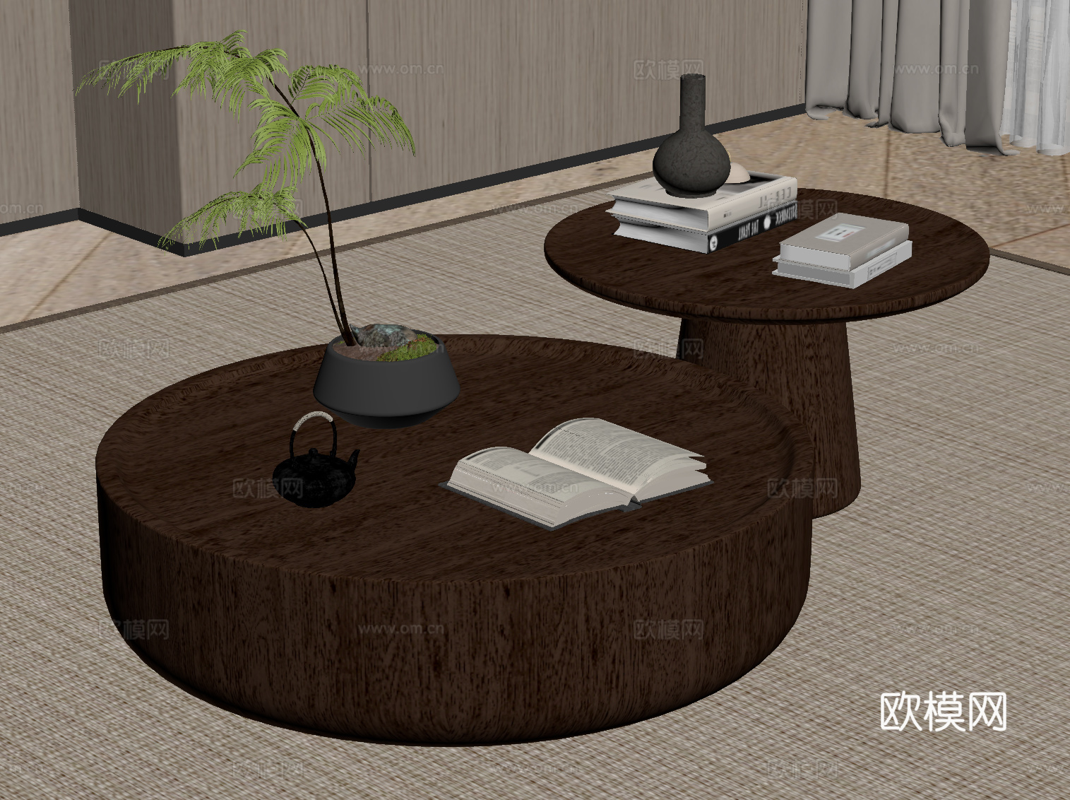 新中式茶几 子母茶几 实木茶几su模型