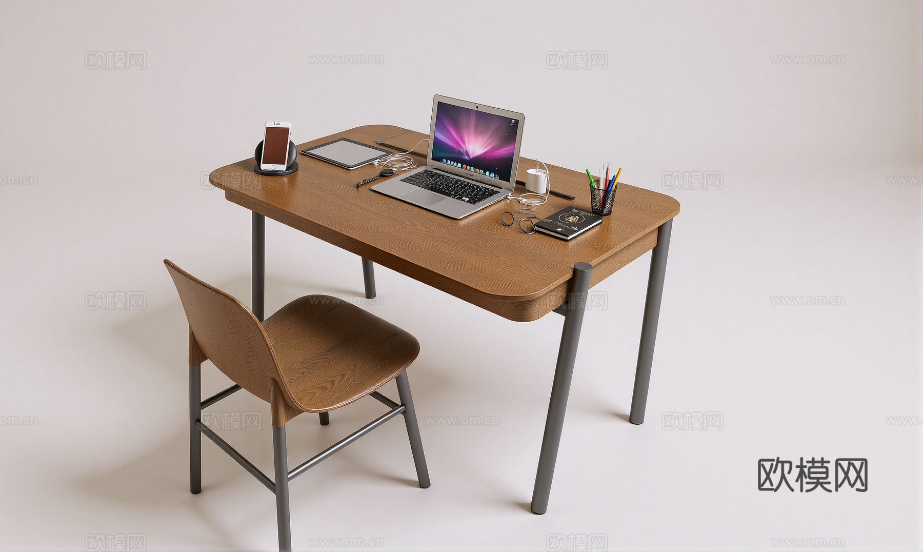 现代书桌椅 工作桌 书柜 摆件 书房su模型