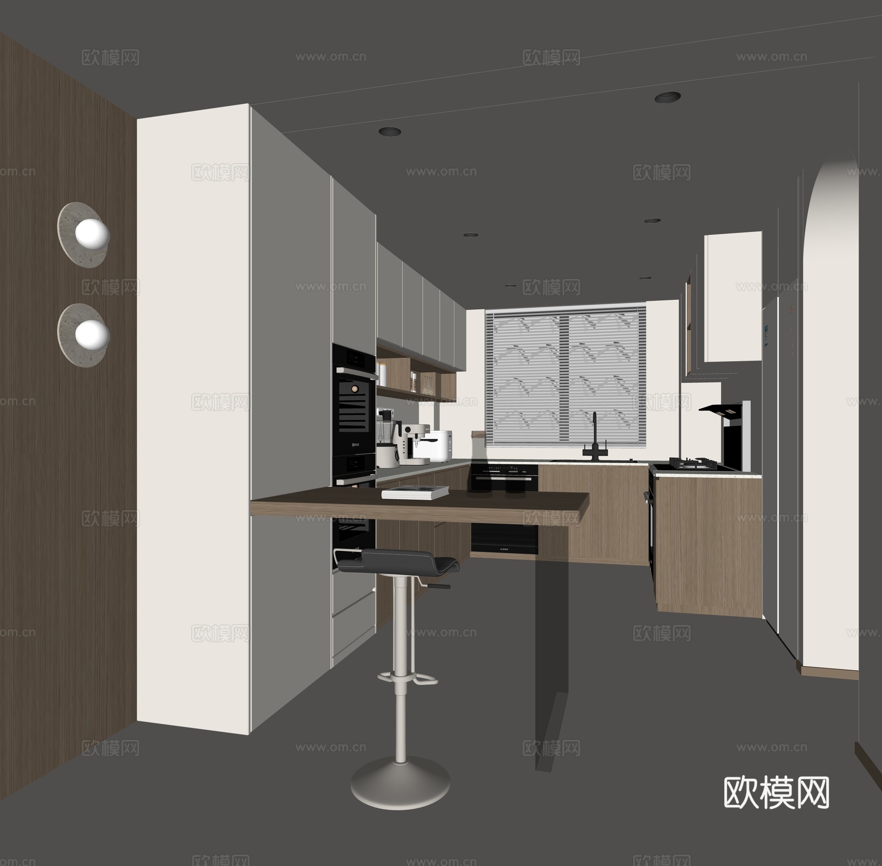 现代厨房 定制橱柜 油烟机 洗碗机 蒸箱 烤箱 厨房电器su模型