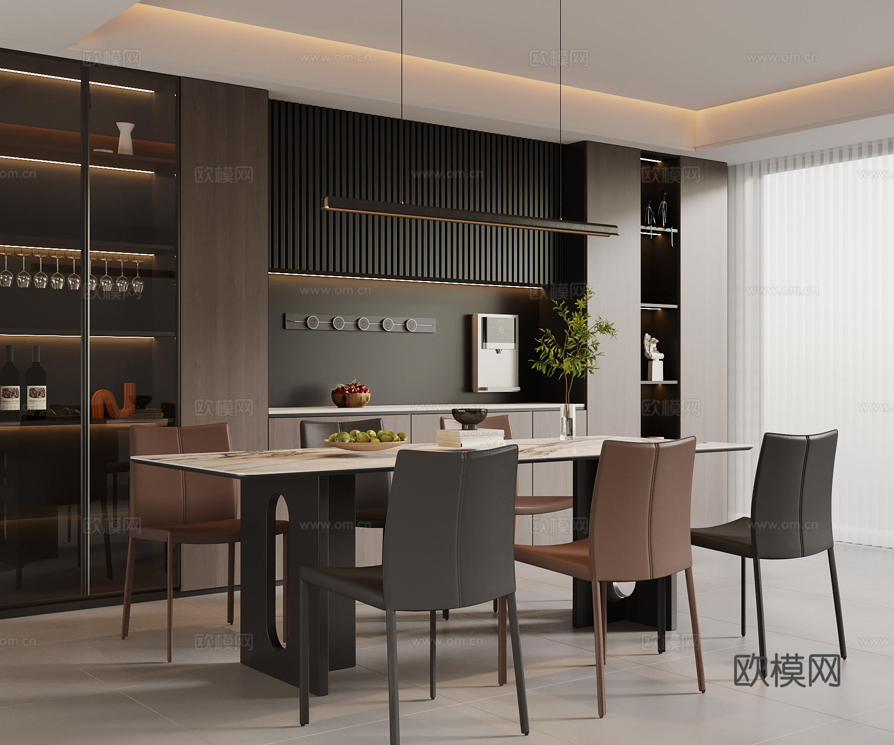 现代意式餐厅 餐桌椅 意式酒柜su模型