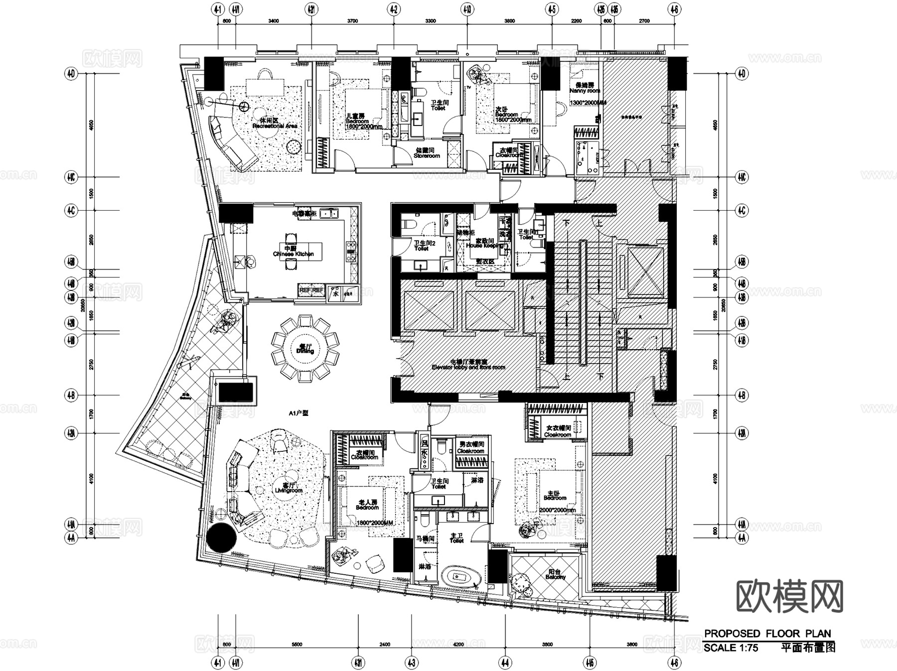 源盛云锦中心偶数层西侧边套样板房室内家装CAD施工图整套cad施工图