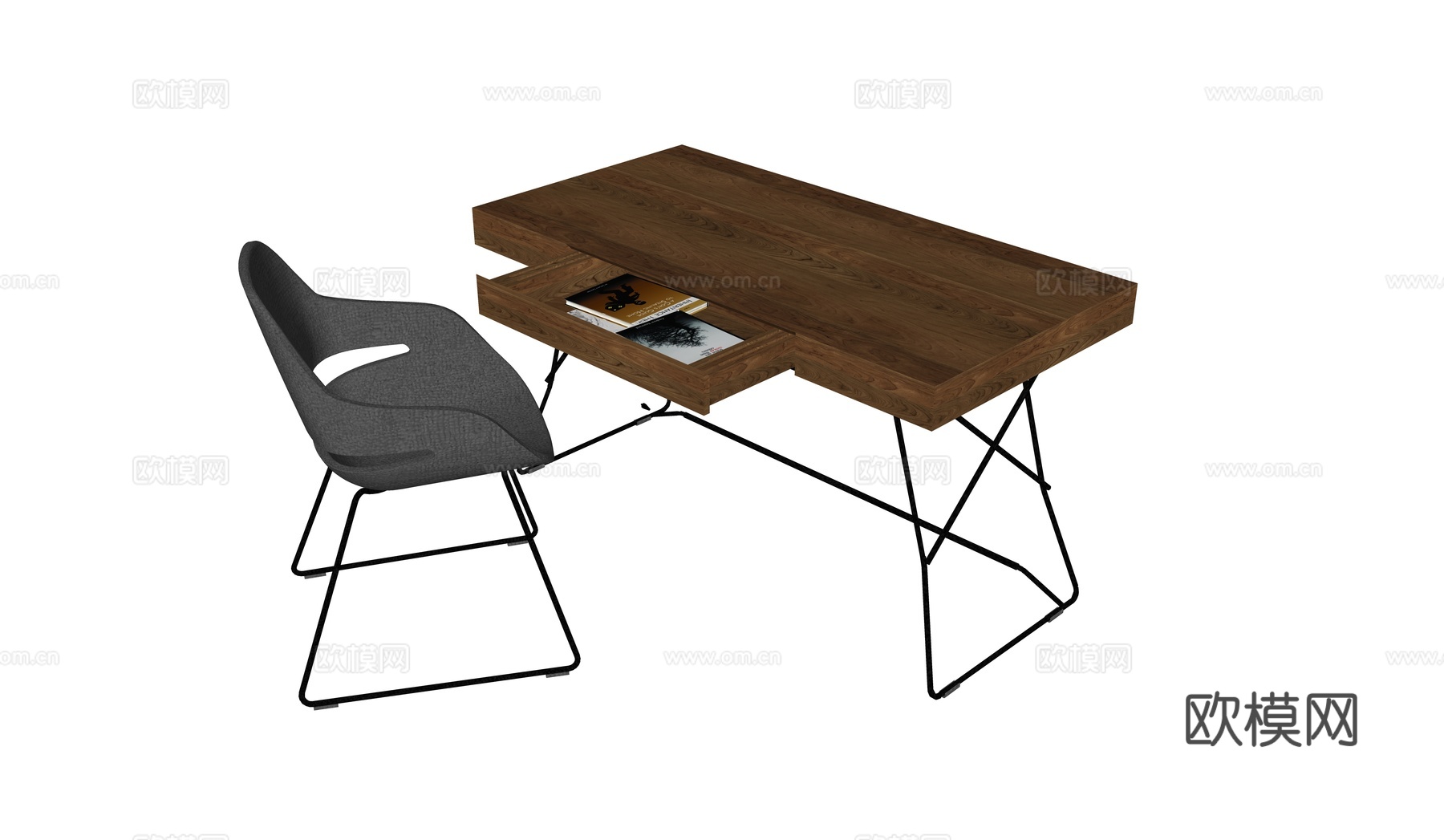 现代书桌椅 工作桌 书柜 摆件 书房su模型