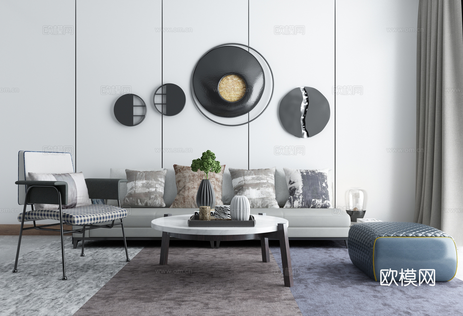 北欧沙发茶几组合 现代北欧样板间客厅3d模型下载（渲染图2）