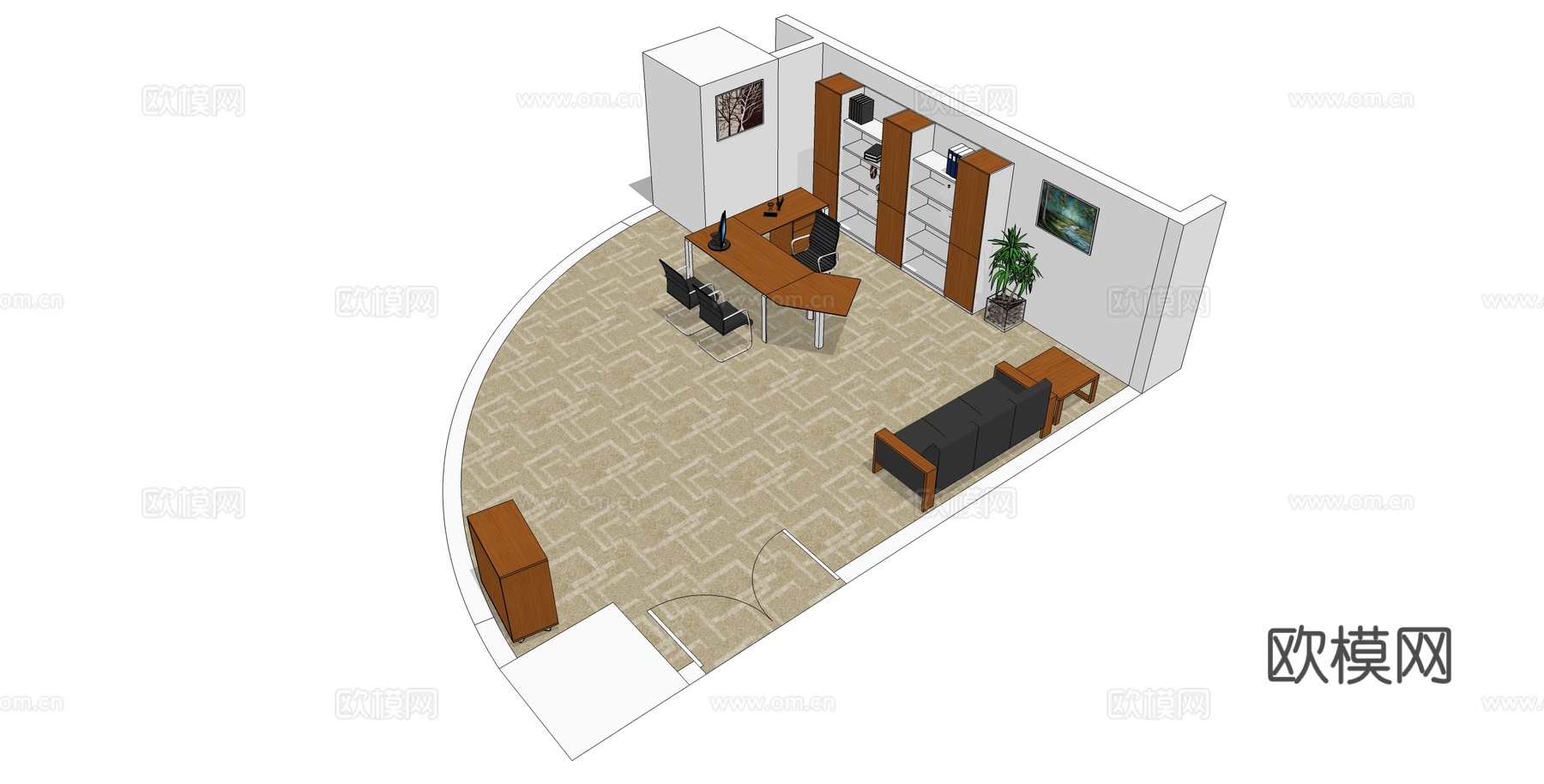 行政桌 办公班台 文件柜 办公桌 办公椅 总裁室su模型