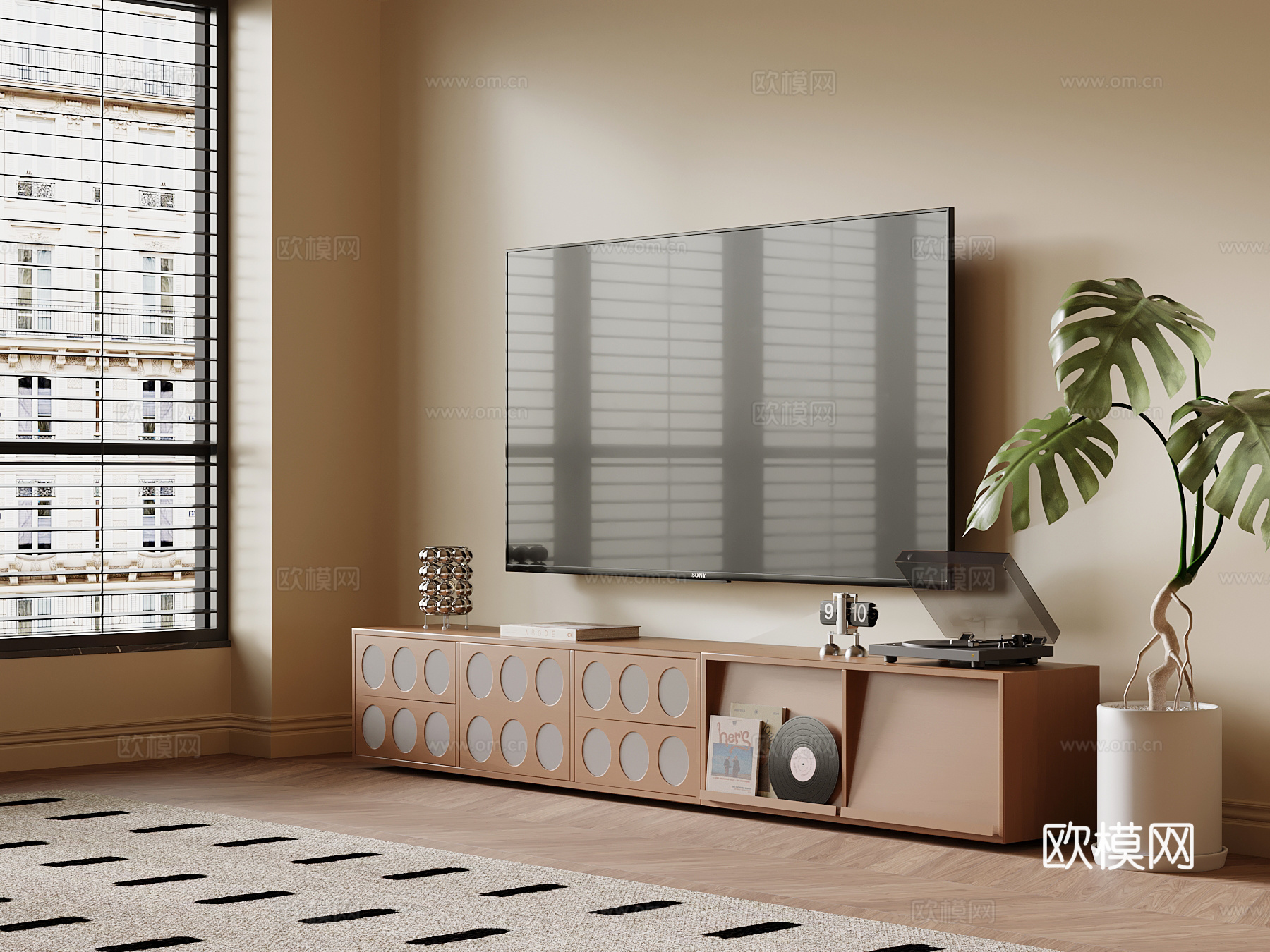 中古风电视柜 边柜 地柜 电视 绿植盆栽su模型下载（渲染图1）