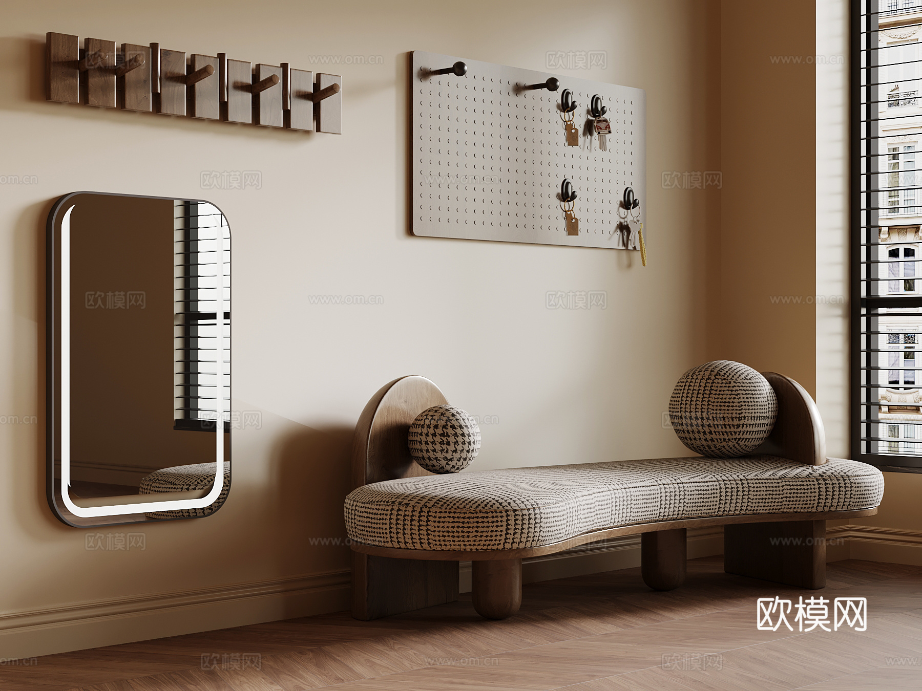 现代中古风换鞋凳 挂钩 洞洞板 镜子su模型
