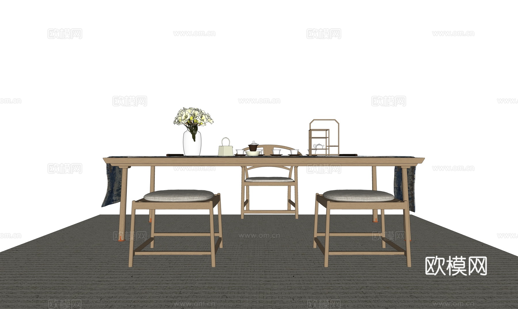 中式风格茶室_茶台桌椅_装饰摆件su模型