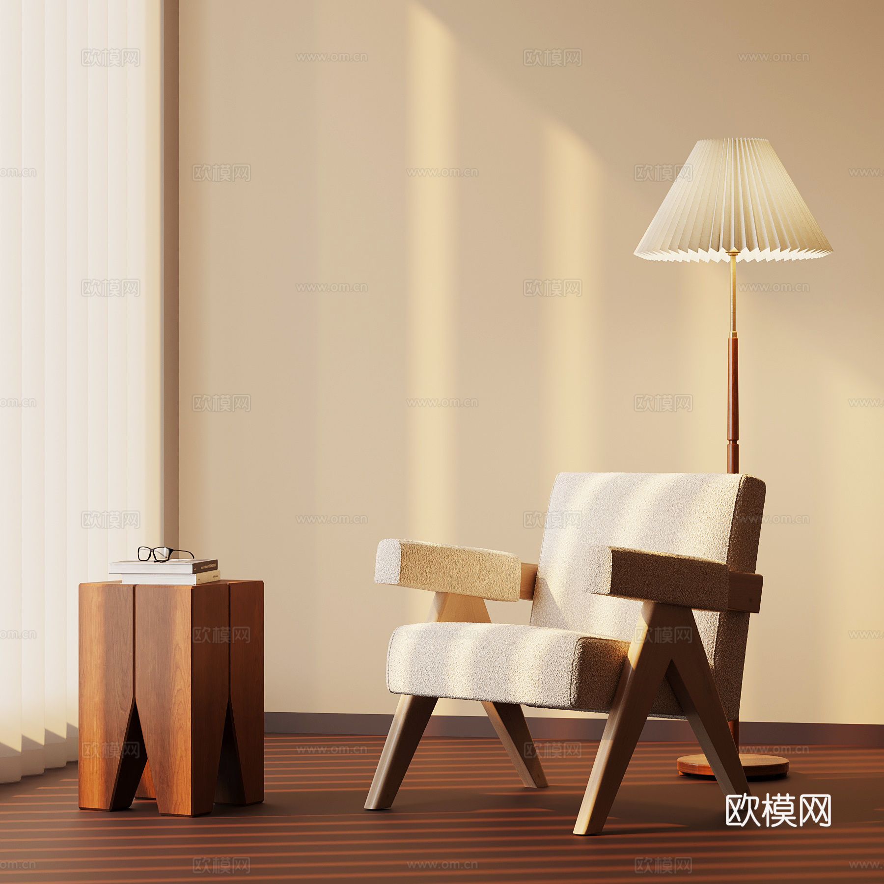 现代中古休闲椅 边几 落地灯su模型