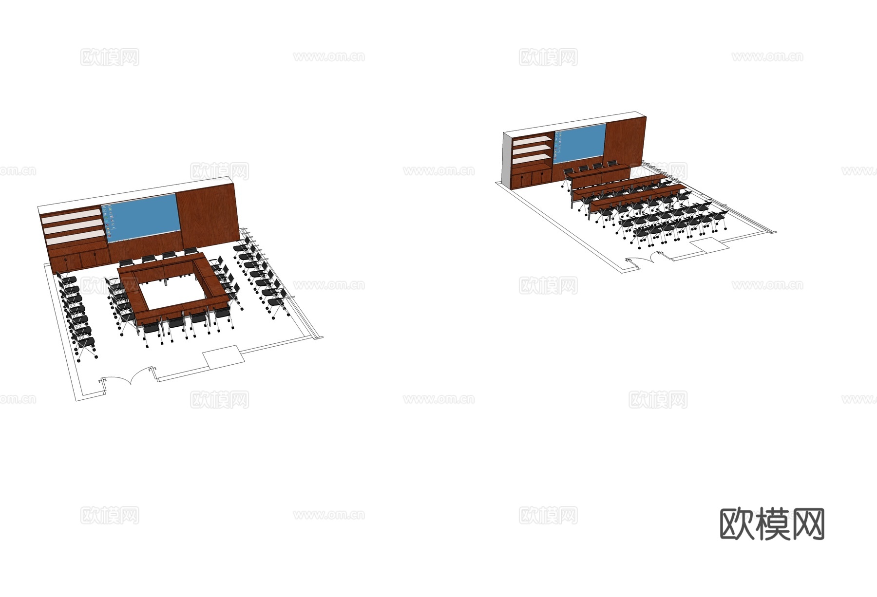 大会议室 会议桌 会议椅 文件柜 大屏幕su模型
