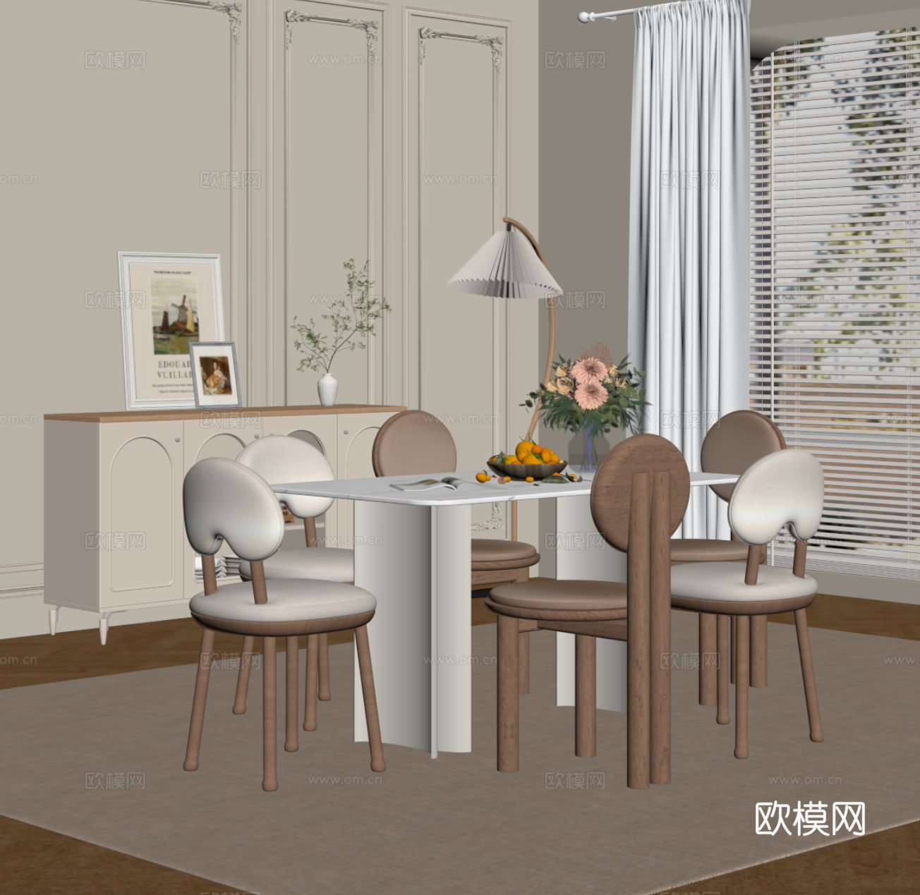 法式奶油风餐厅 餐桌椅 餐边柜 落地灯su模型