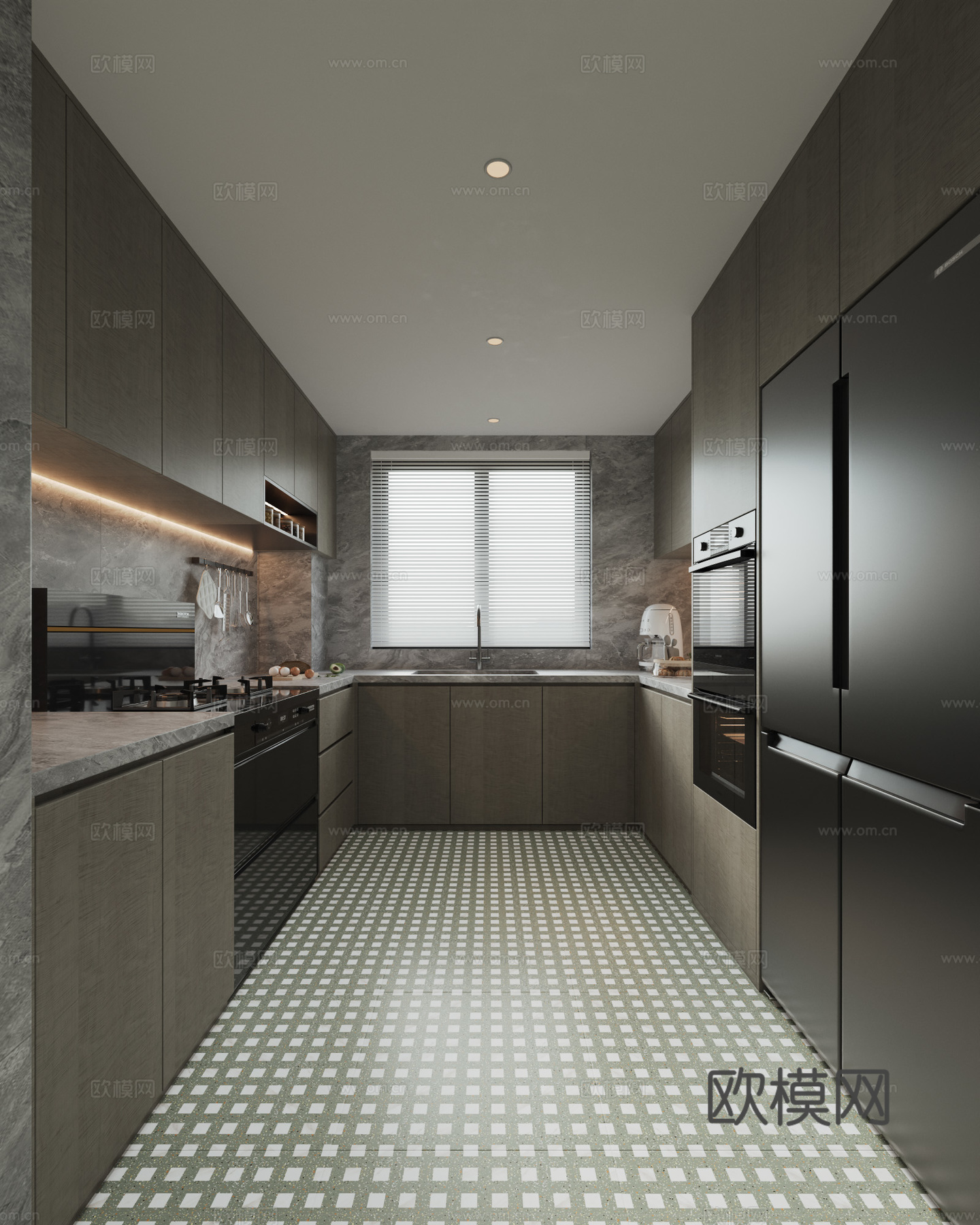 现代中古海派厨房su模型