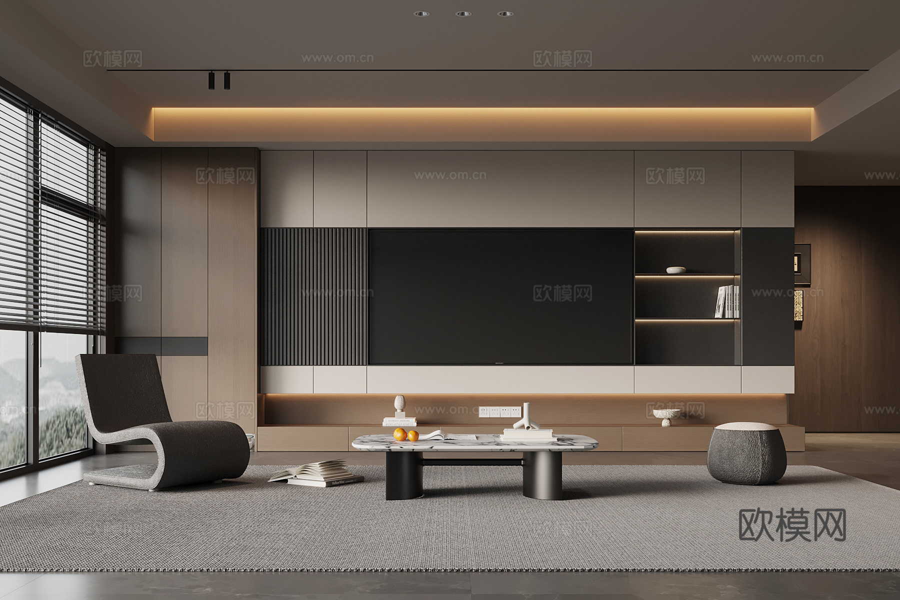 现代意式客厅 电视背景墙 沙发茶几组合su模型