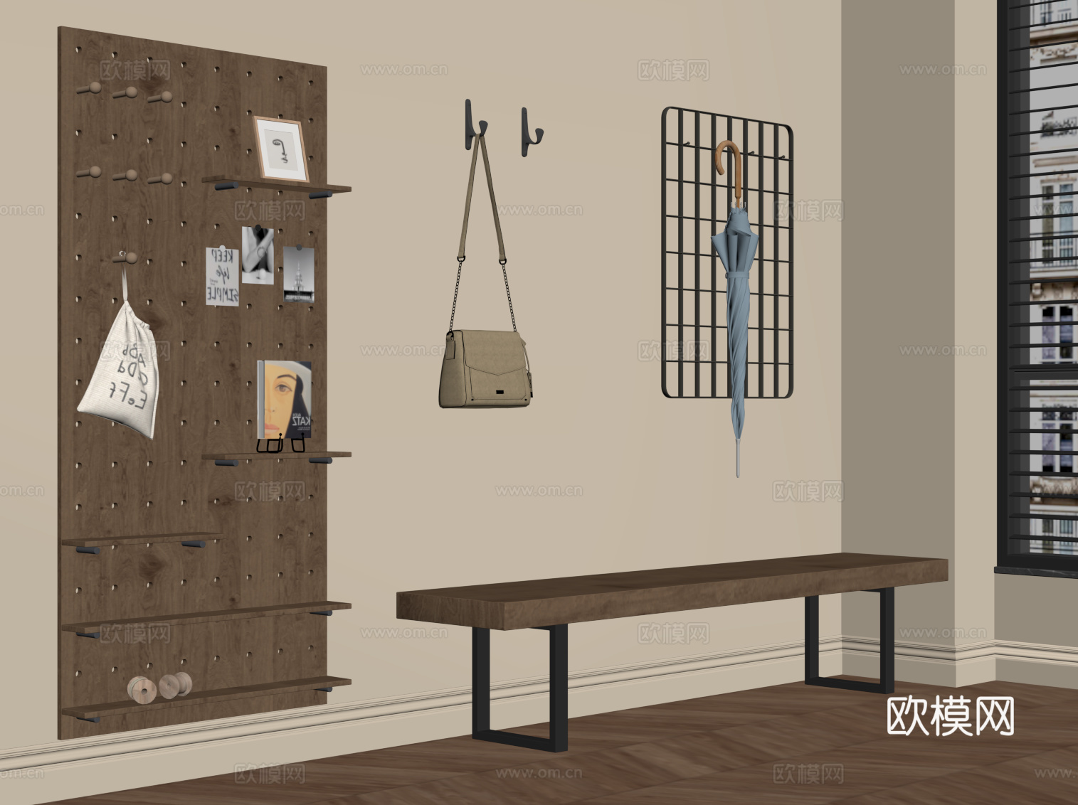 现代中古风换鞋凳 挂钩 洞洞板su模型